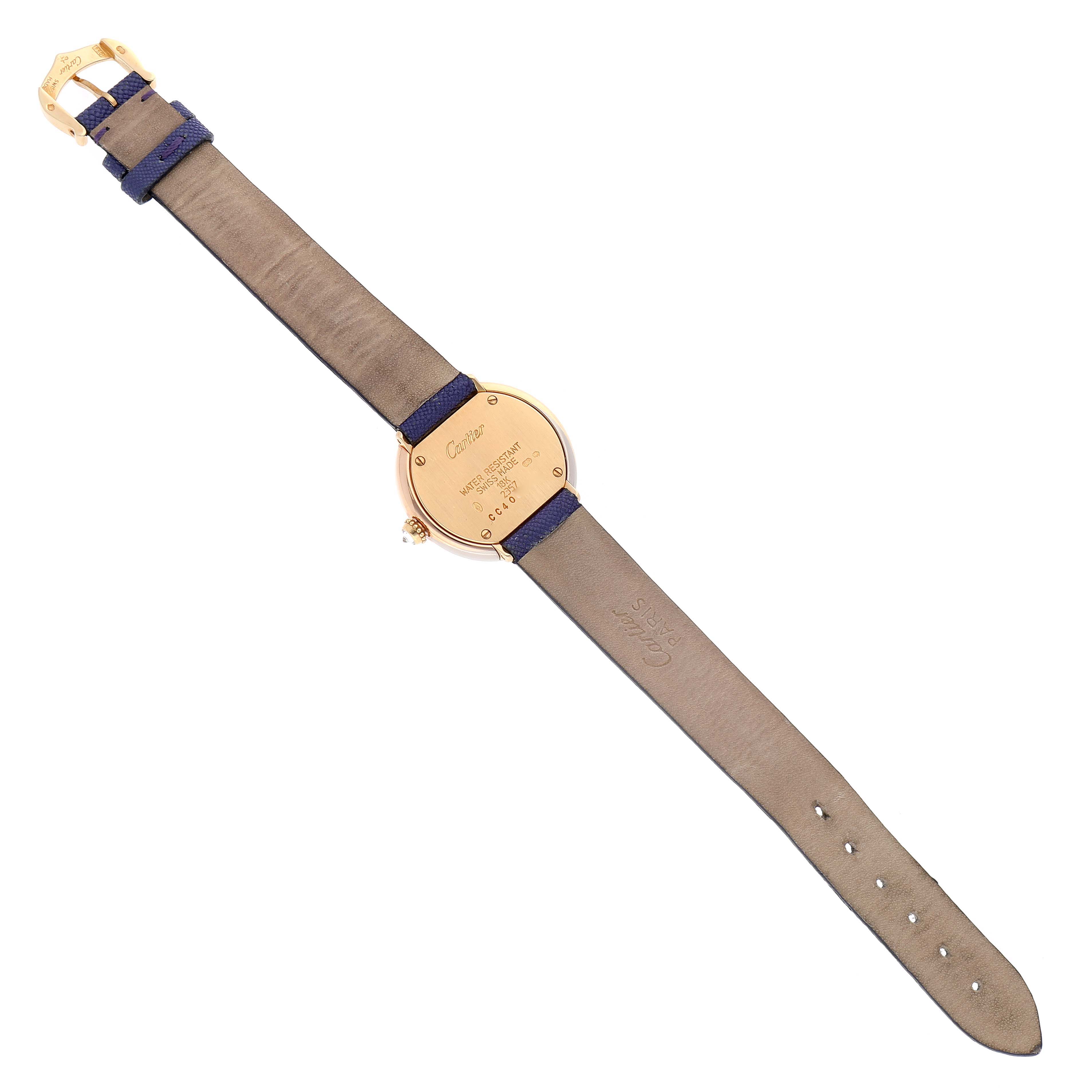 The image shows the back view of a Cartier Trinity WG200256 Women
s Yellow Gold Silver Dial WG200256 Women
s Yellow Gold Silver Dial model watch, displaying the case back, strap, and buckle.