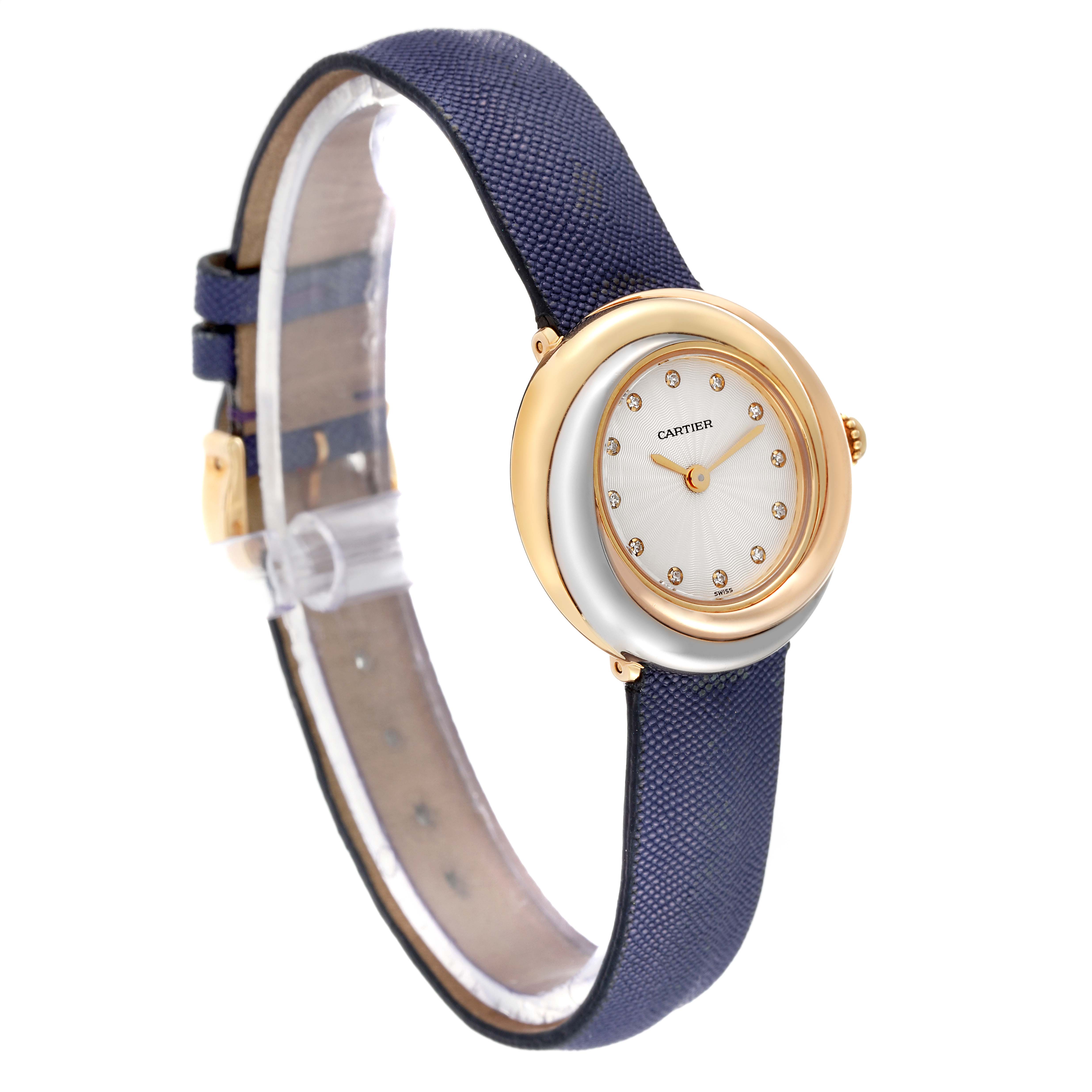 The Cartier Trinity WG200256 Women
s Yellow Gold Silver Dial WG200256 Women
s Yellow Gold Silver Dial watch is shown at an angle displaying its face, bezel, strap, and buckle.