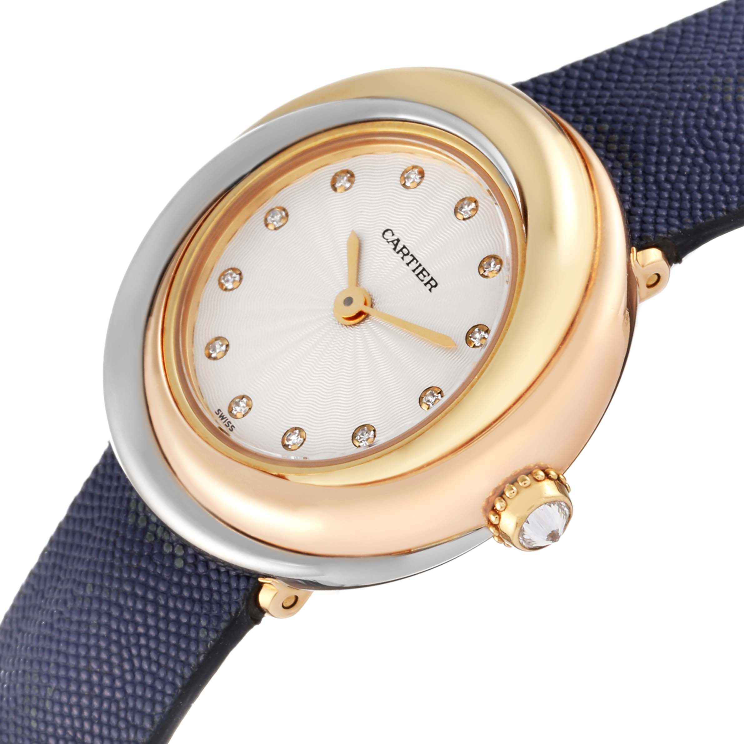 The image shows a close-up angle of the Cartier Trinity WG200256 Women
s Yellow Gold Silver Dial WG200256 Women
s Yellow Gold Silver Dial model watch, featuring its face, bezel, and strap.