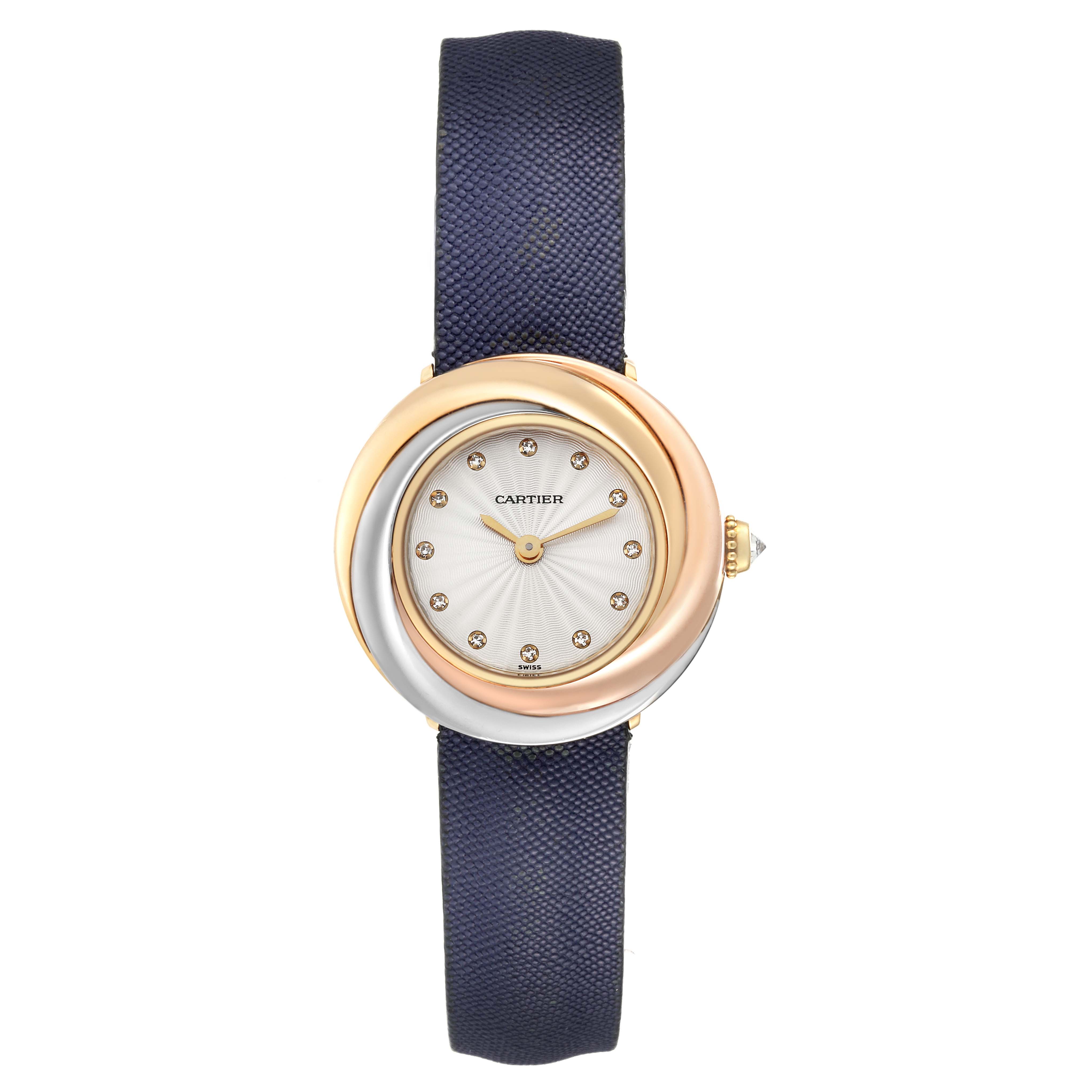 This image shows a front view of the Cartier Trinity WG200256 Women
s Yellow Gold Silver Dial WG200256 Women
s Yellow Gold Silver Dial model watch, featuring a gold and silver bezel and a dark strap.
