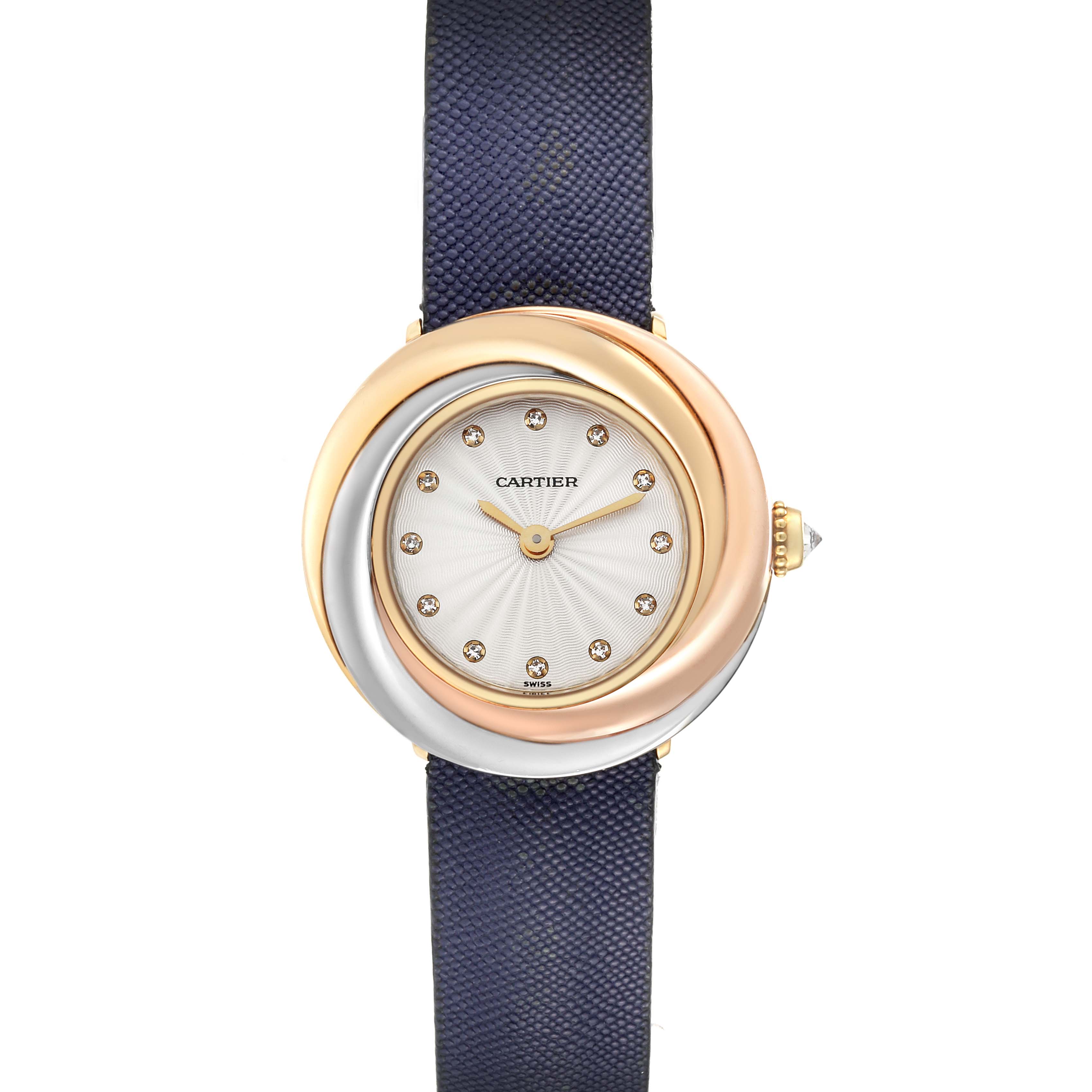 The image shows a Cartier Trinity WG200256 Women
s Yellow Gold Silver Dial WG200256 Women
s Yellow Gold Silver Dial model watch viewed from the front, featuring a circular dial and a textured strap.