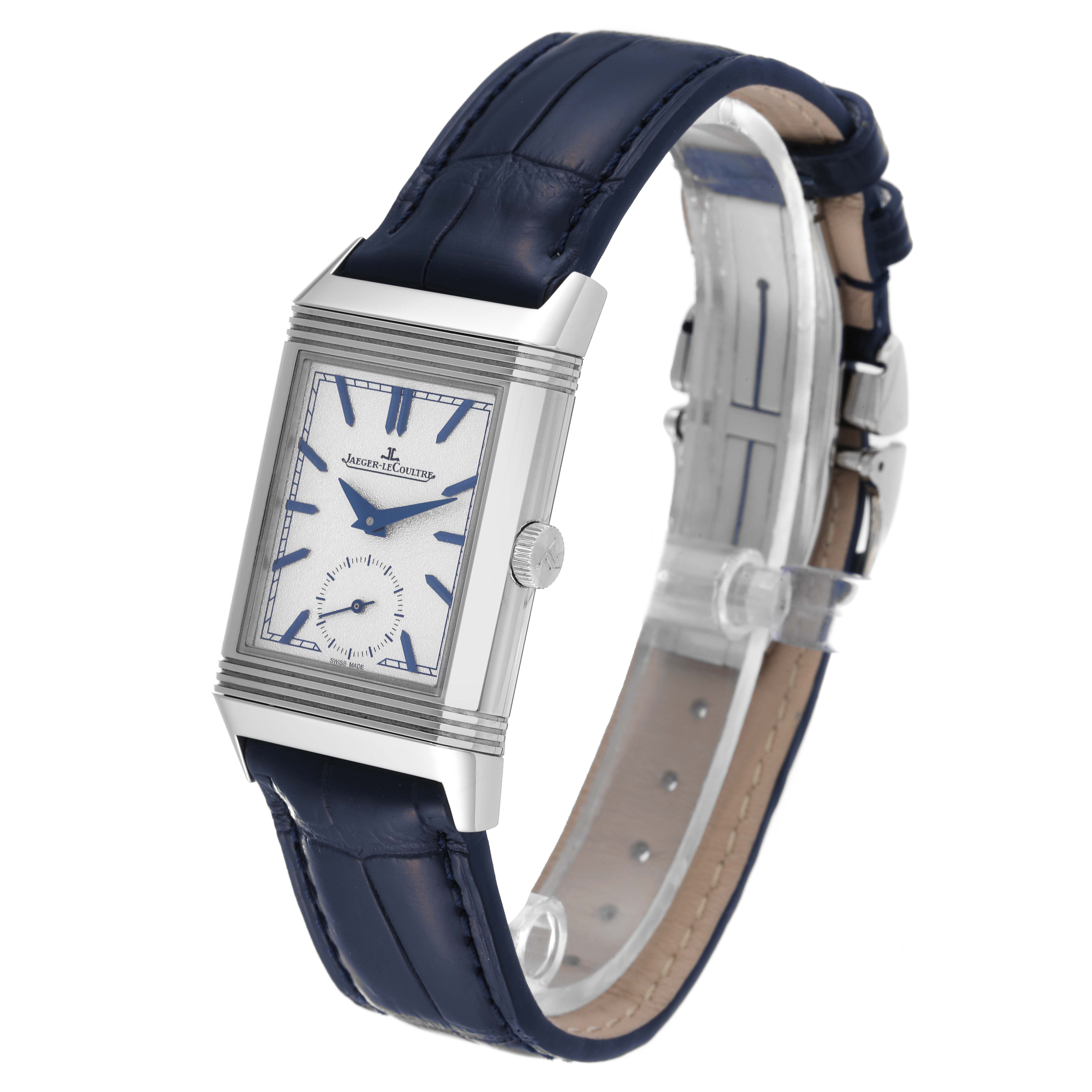 The Jaeger-LeCoultre Reverso watch is shown from a slightly angled frontal view, highlighting its face, case, crown, and blue leather strap.
