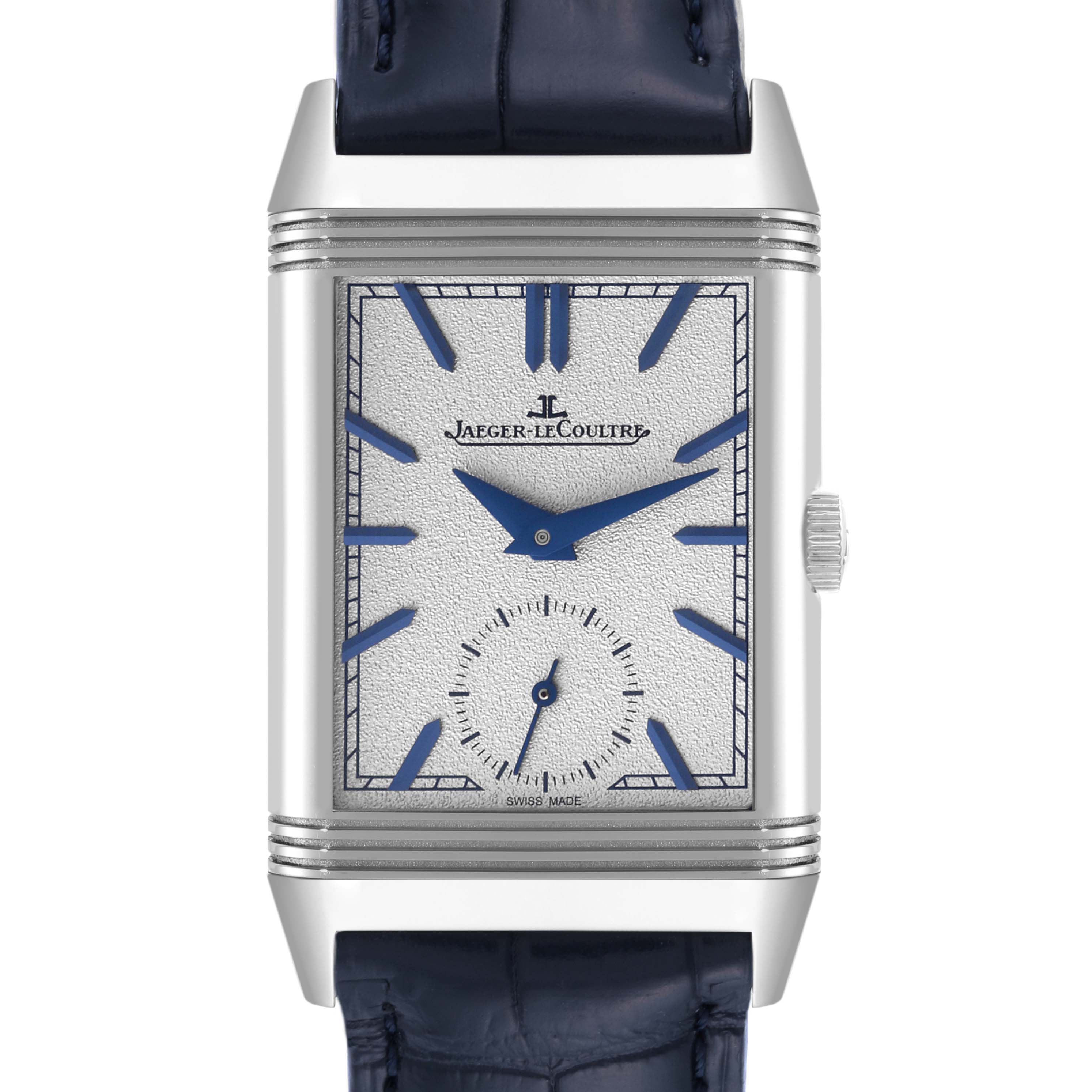 This image shows a front view of the Jaeger LeCoultre Reverso Q3908420 Men
s Stainless Steel Silver Dial Q3908420 Men
s Stainless Steel Silver Dial watch, highlighting the dial, hour markers, and crown.