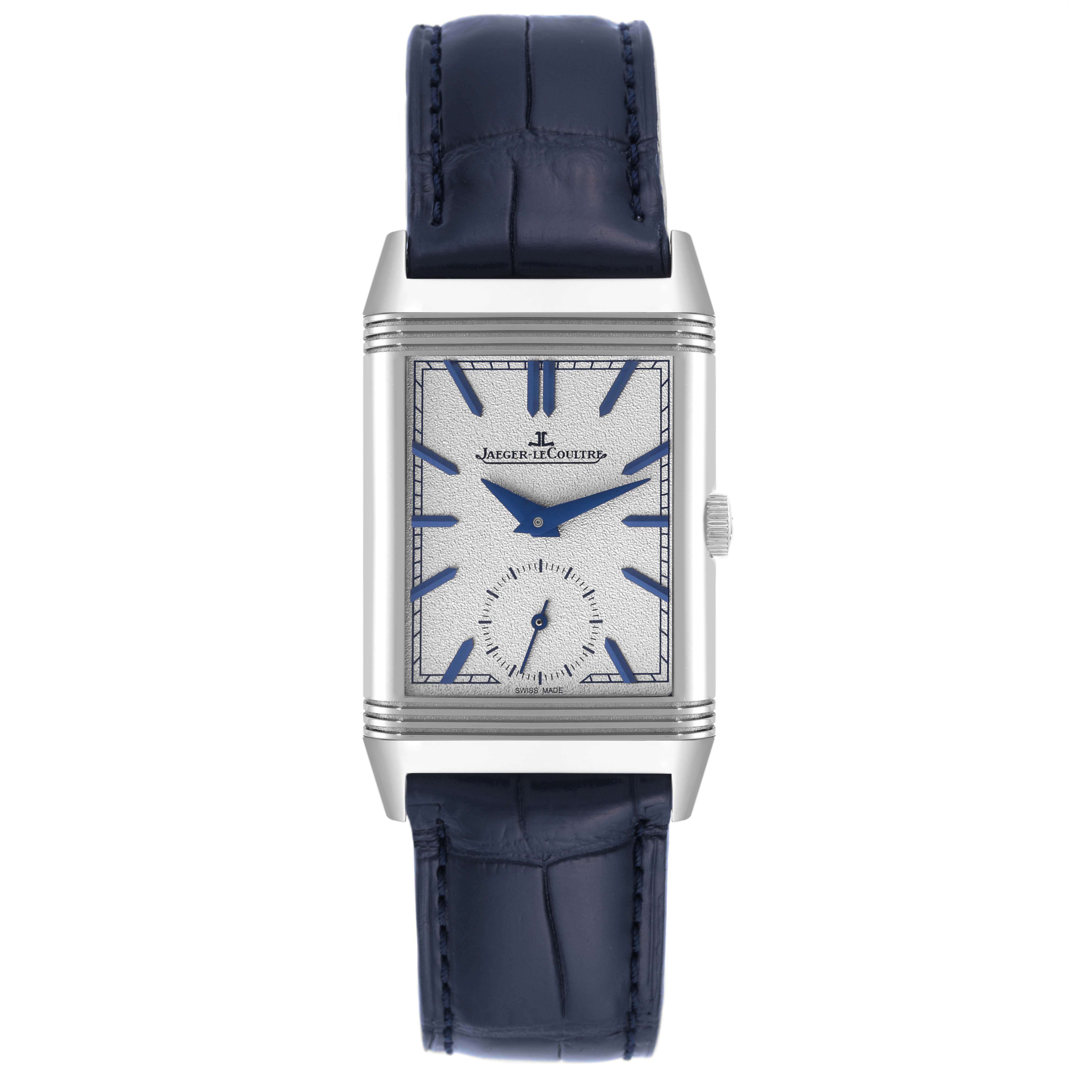 The image shows a front view of a Jaeger LeCoultre Reverso Q3908420 Men
s Stainless Steel Silver Dial Q3908420 Men
s Stainless Steel Silver Dial watch with a blue leather strap and silver rectangular dial.