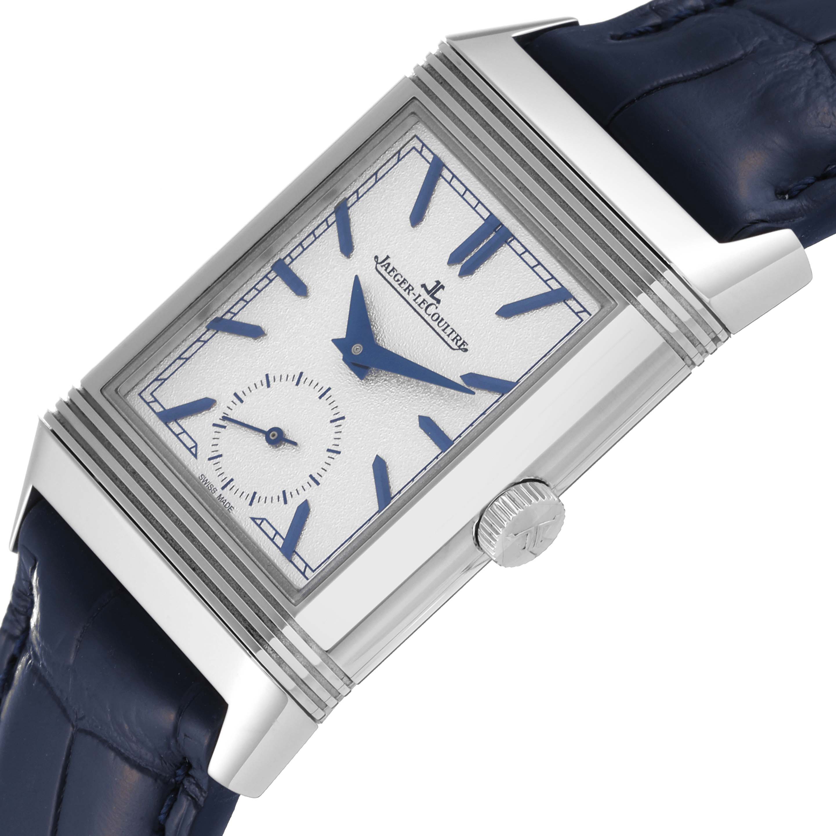 The Jaeger LeCoultre Reverso Q3908420 Men
s Stainless Steel Silver Dial Q3908420 Men
s Stainless Steel Silver Dial watch is shown at a slight angle, displaying the dial, case, crown, and part of the leather strap.