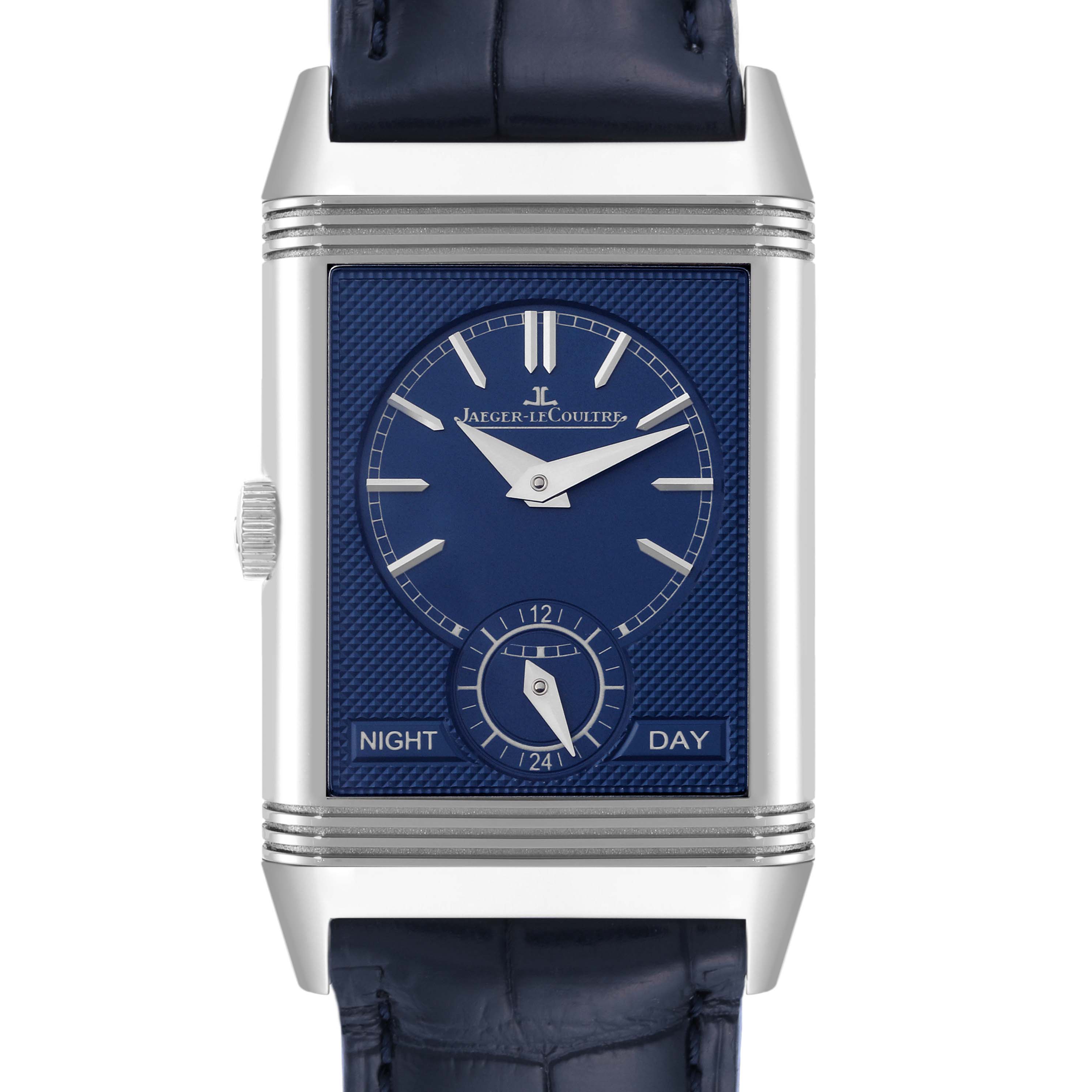The image shows a front view of a Jaeger LeCoultre Reverso Q3908420 Men
s Stainless Steel Silver Dial Q3908420 Men
s Stainless Steel Silver Dial watch, highlighting its blue dial, night/day indicator, and leather strap.