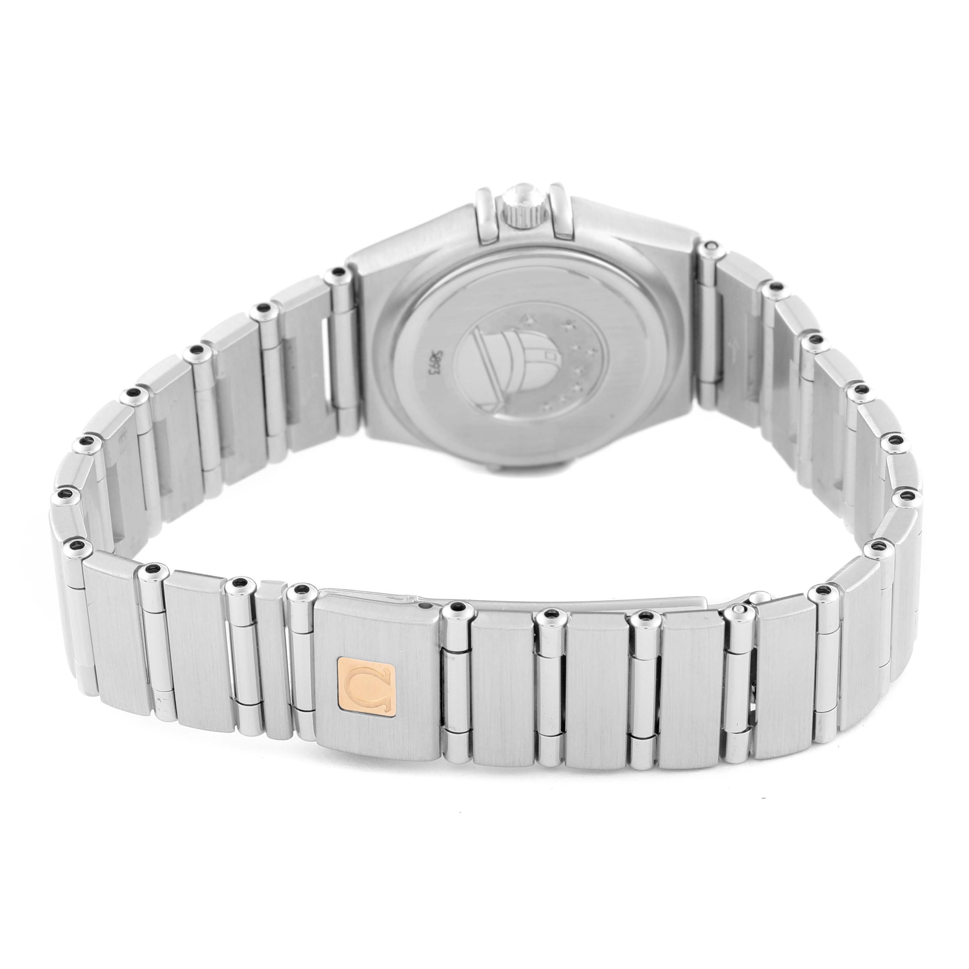 This image shows the back view of the Omega 1466.62.00 Women's Stainless Steel Pink Dial 1466.62.00 Women's Stainless Steel Pink Dial Constellation Mini 22mm Salmon Dial Ladies Watch 1466.62.00, highlighting its clasp and bracelet.