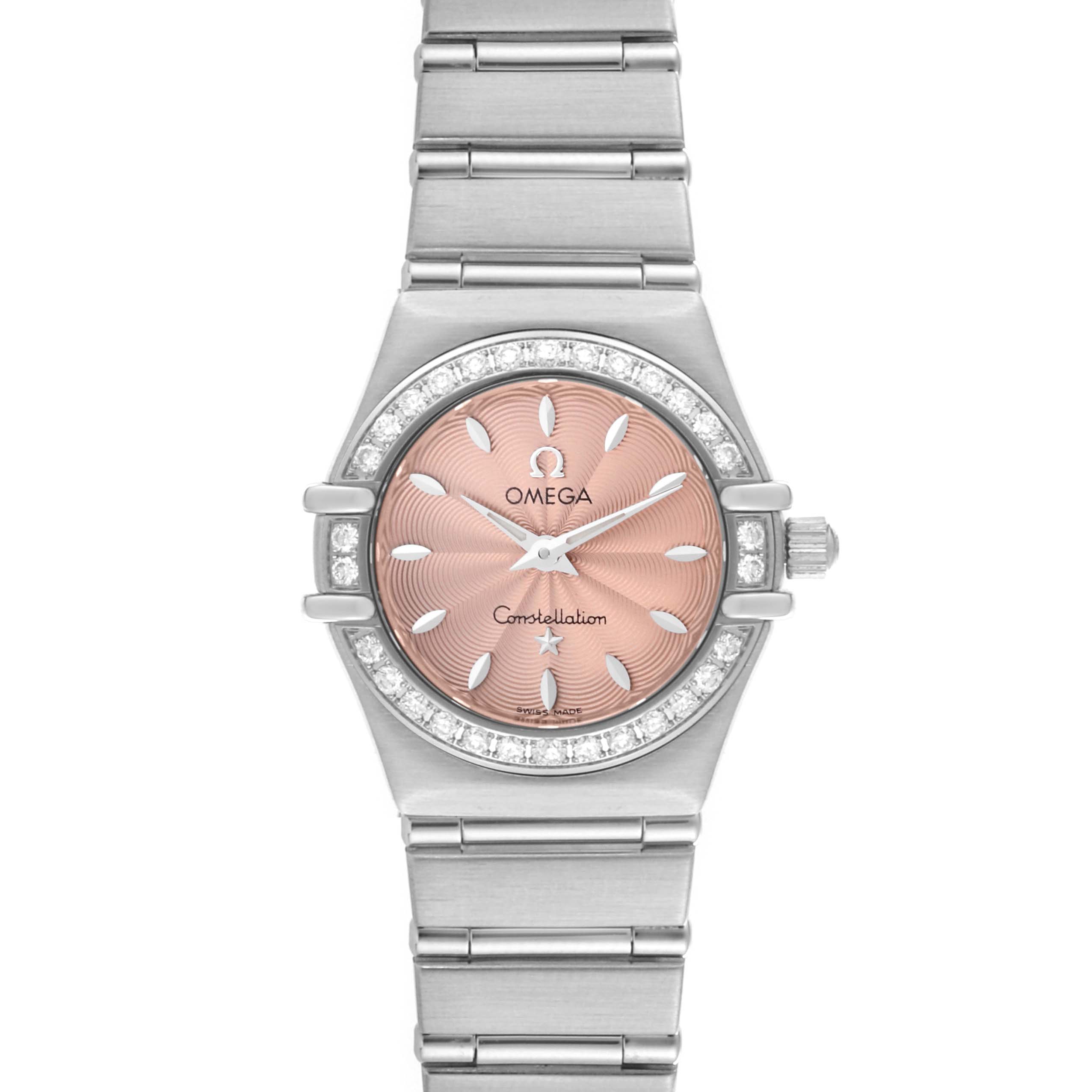 The image shows a front view of the Omega 1466.62.00 Women's Stainless Steel Pink Dial 1466.62.00 Women's Stainless Steel Pink Dial Constellation Mini 22mm Salmon Dial Ladies Watch 1466.62.00, highlighting its dial, bezel, and bracelet.