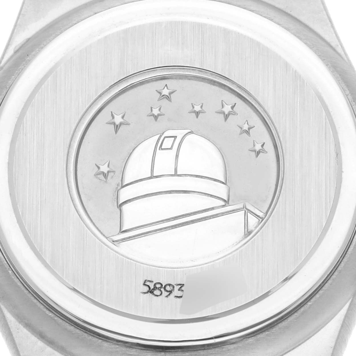 The image shows the back case of the Omega 1466.62.00 Women's Stainless Steel Pink Dial 1466.62.00 Women's Stainless Steel Pink Dial Constellation Mini 22mm Salmon Dial Ladies Watch, model 1466.62.00, featuring an observatory engraving.