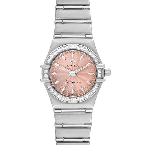 The image shows a front view of the Omega Constellation Mini 22mm Salmon Dial Ladies Watch 1466.62.00, highlighting its face and bracelet.