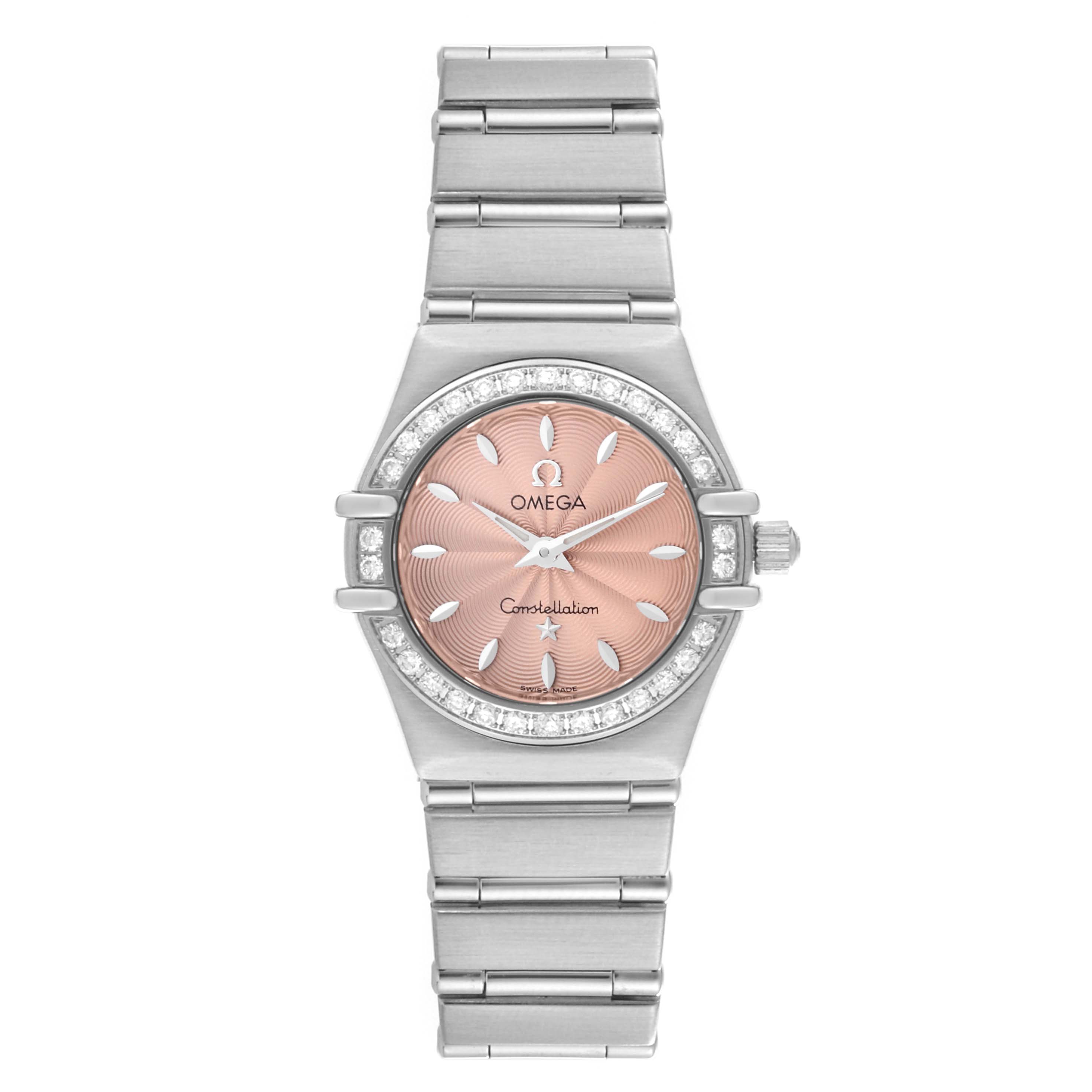 The image shows a frontal view of the Omega 1466.62.00 Women's Stainless Steel Pink Dial 1466.62.00 Women's Stainless Steel Pink Dial Constellation Mini 22mm Salmon Dial Ladies Watch 1466.62.00, highlighting its face and bracelet.