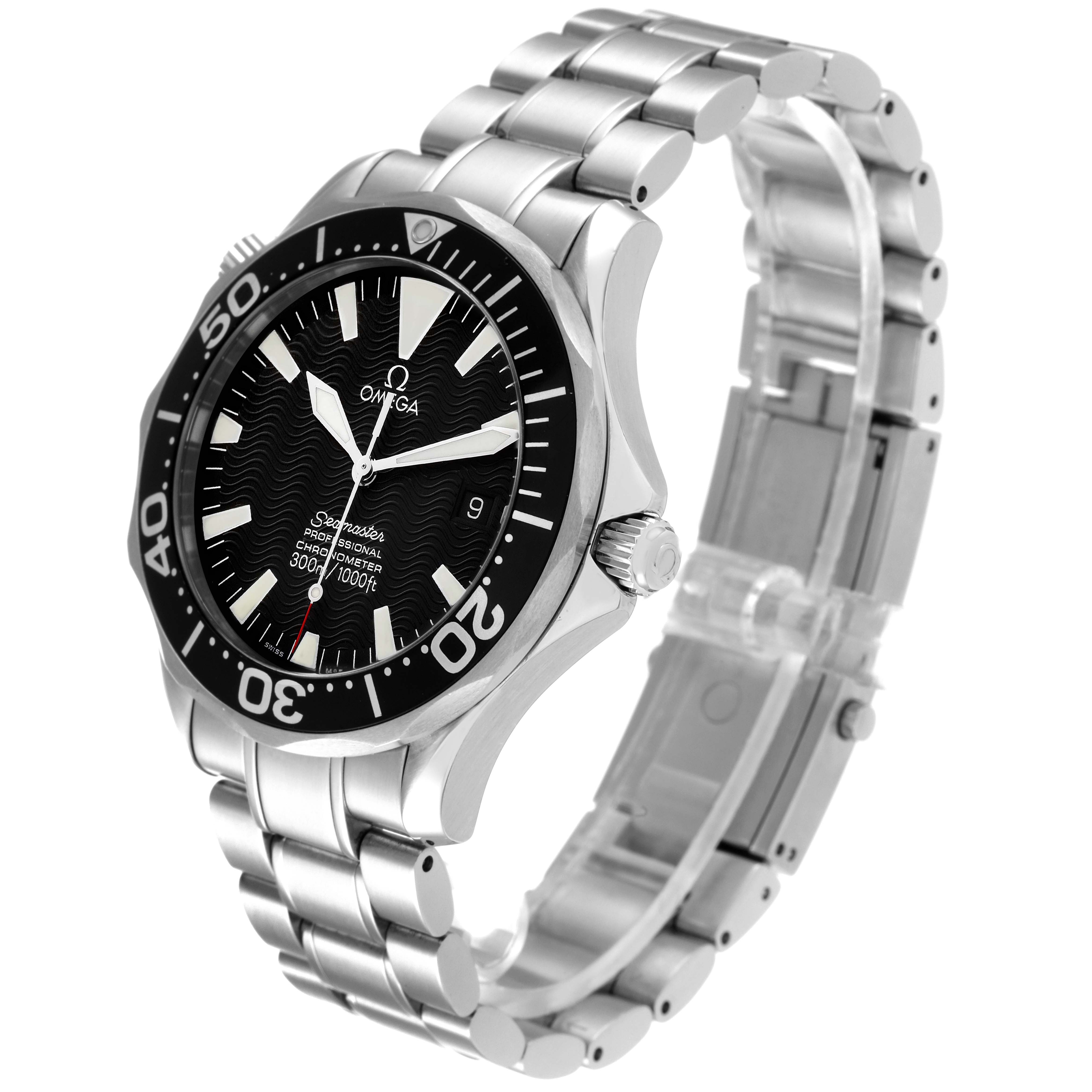 The Omega Seamaster 2254.50.00 Men's Stainless Steel Black Dial 2254.50.00 Men's Stainless Steel Black Dial watch is shown at an angle, displaying the face, bezel, crown, and stainless steel bracelet.