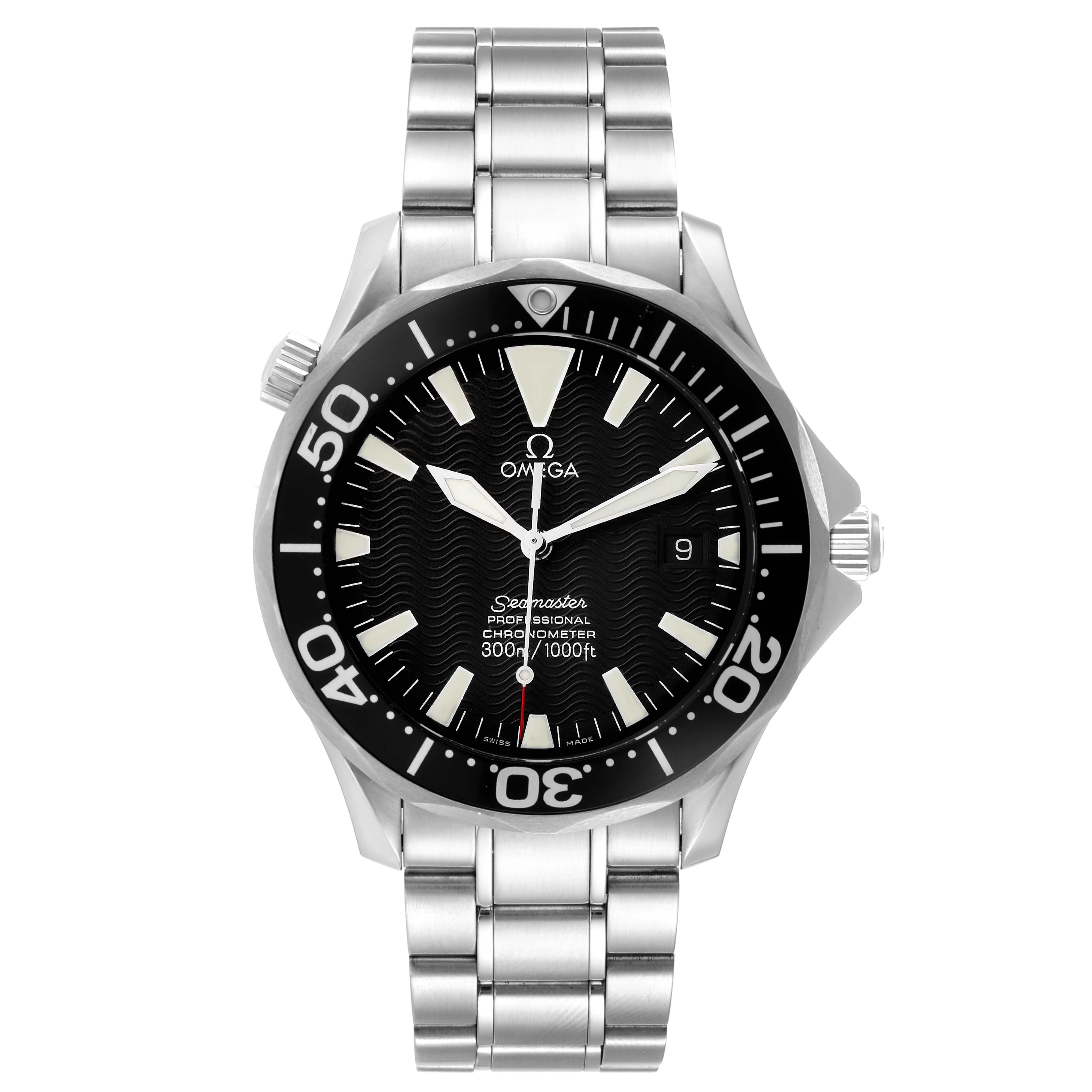 The image shows a front view of the Omega Seamaster 2254.50.00 Men's Stainless Steel Black Dial 2254.50.00 Men's Stainless Steel Black Dial watch, displaying the face, bezel, and bracelet.