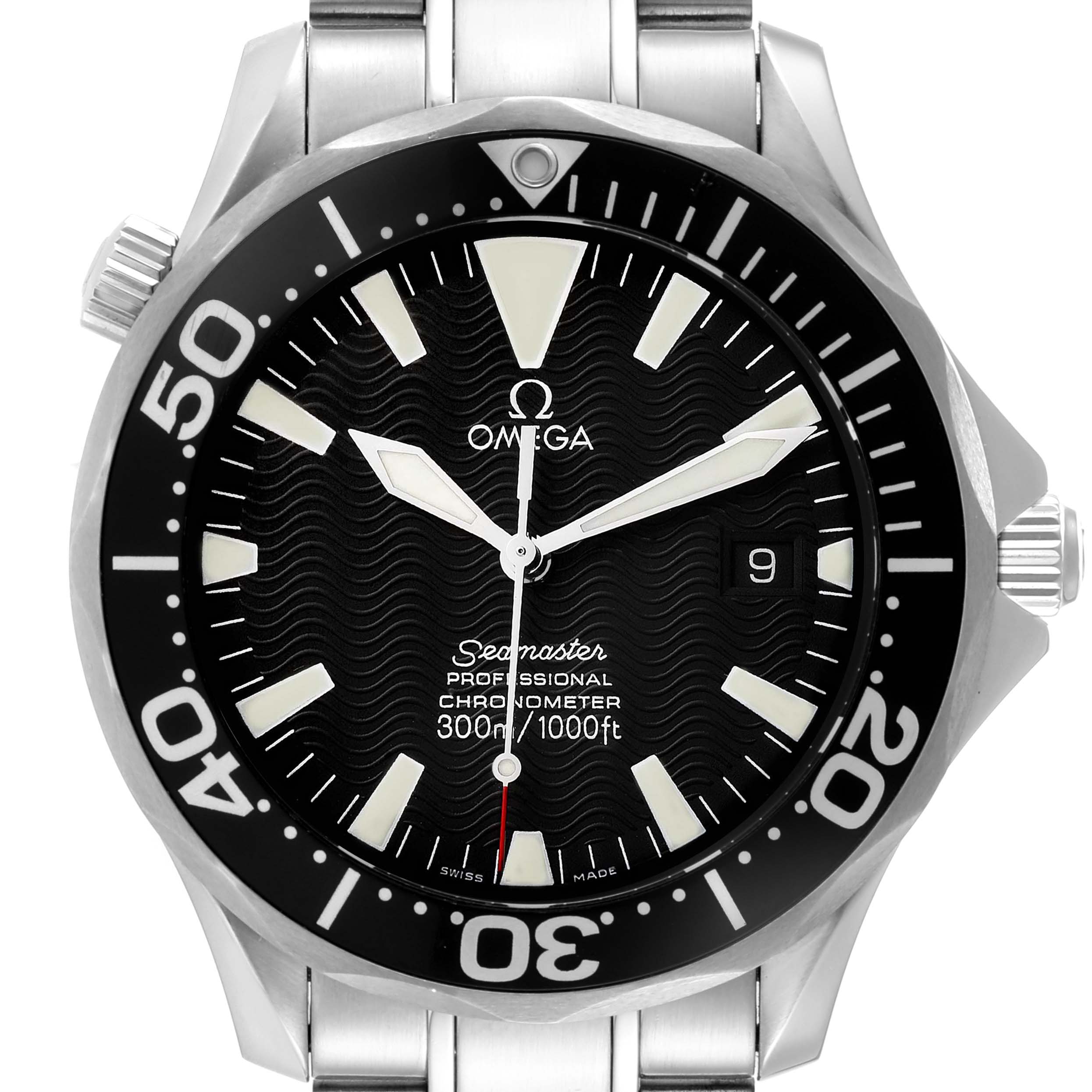 The image shows a front view of an Omega Seamaster 2254.50.00 Men's Stainless Steel Black Dial 2254.50.00 Men's Stainless Steel Black Dial watch, highlighting the dial, hands, bezel, and part of the bracelet.