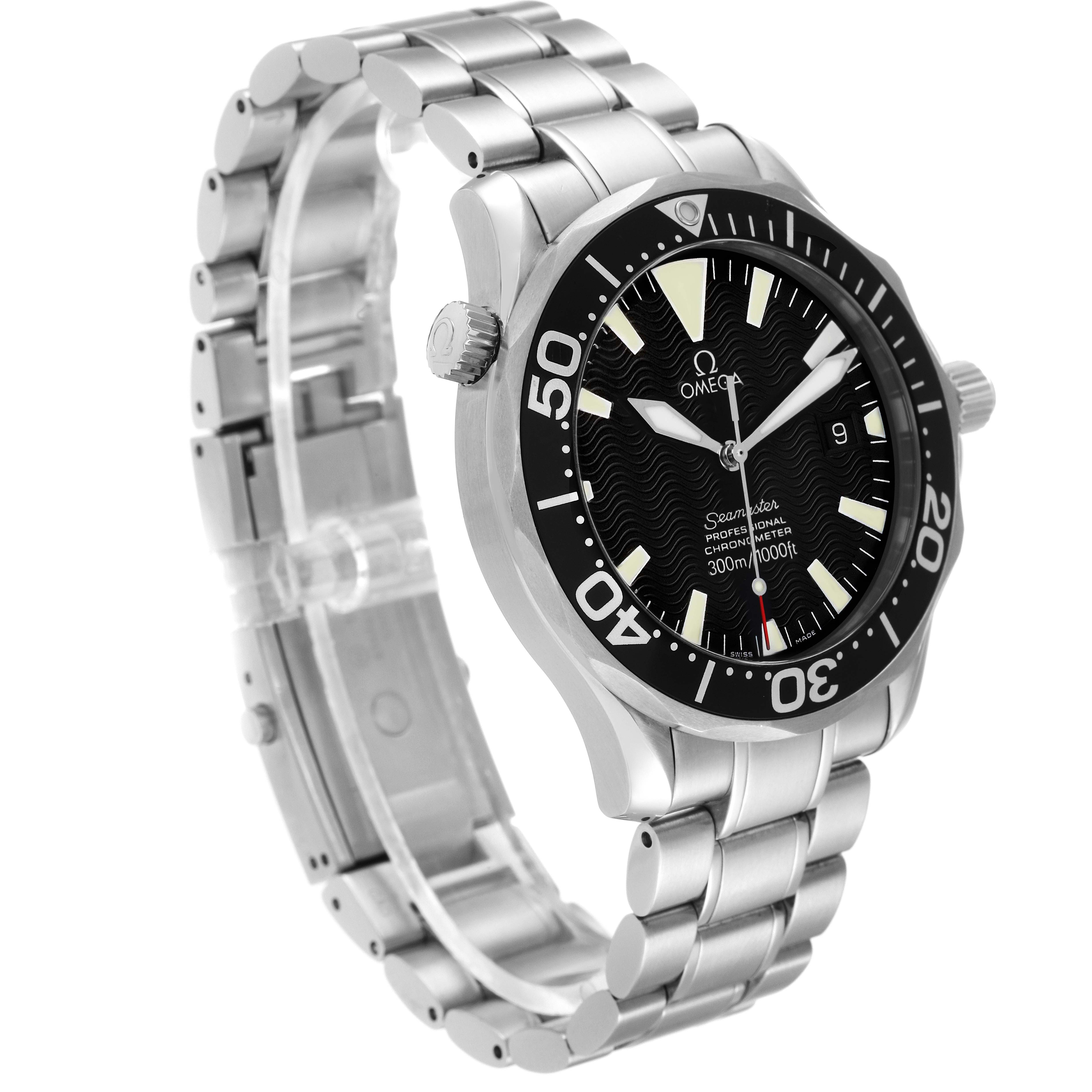 The Omega Seamaster 2254.50.00 Men's Stainless Steel Black Dial 2254.50.00 Men's Stainless Steel Black Dial watch is shown at a slight side angle, highlighting its face, bezel, and metal bracelet.