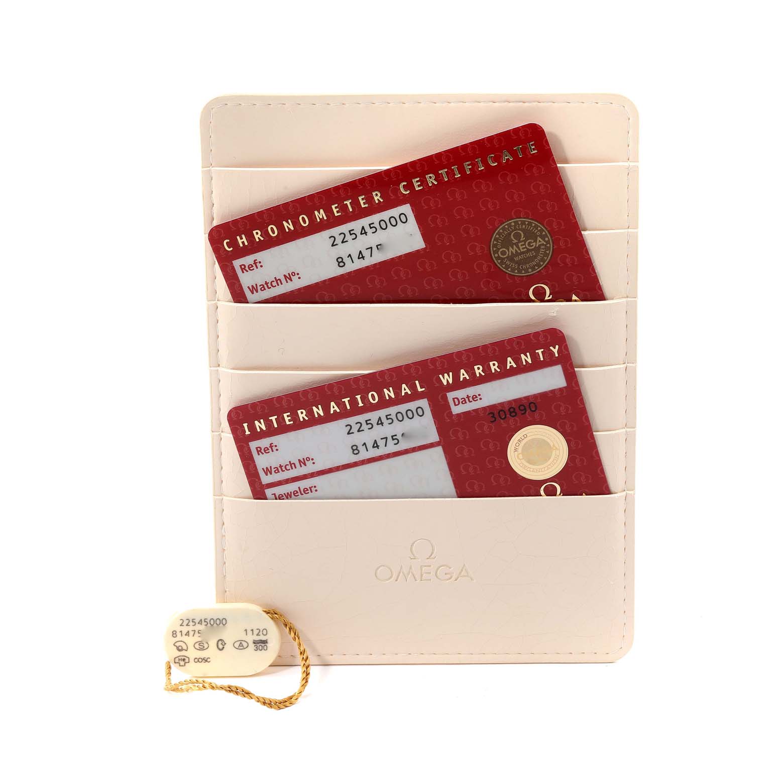 The image shows the warranty cards and chronometer certificate for an Omega Seamaster 2254.50.00 Men's Stainless Steel Black Dial 2254.50.00 Men's Stainless Steel Black Dial, along with a tag, in a cardholder.