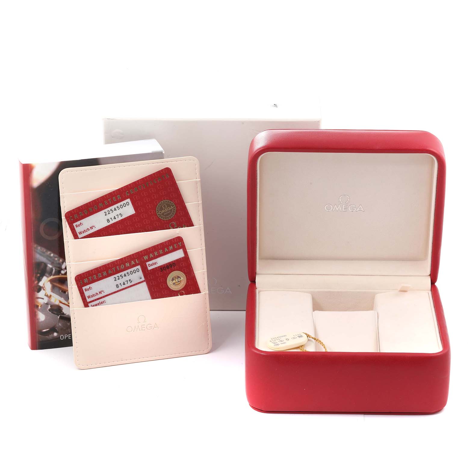 The image shows the Omega Seamaster 2254.50.00 Men's Stainless Steel Black Dial 2254.50.00 Men's Stainless Steel Black Dial's watch box, warranty cards, a cardholder, a tag, and the user manual from a front angle.