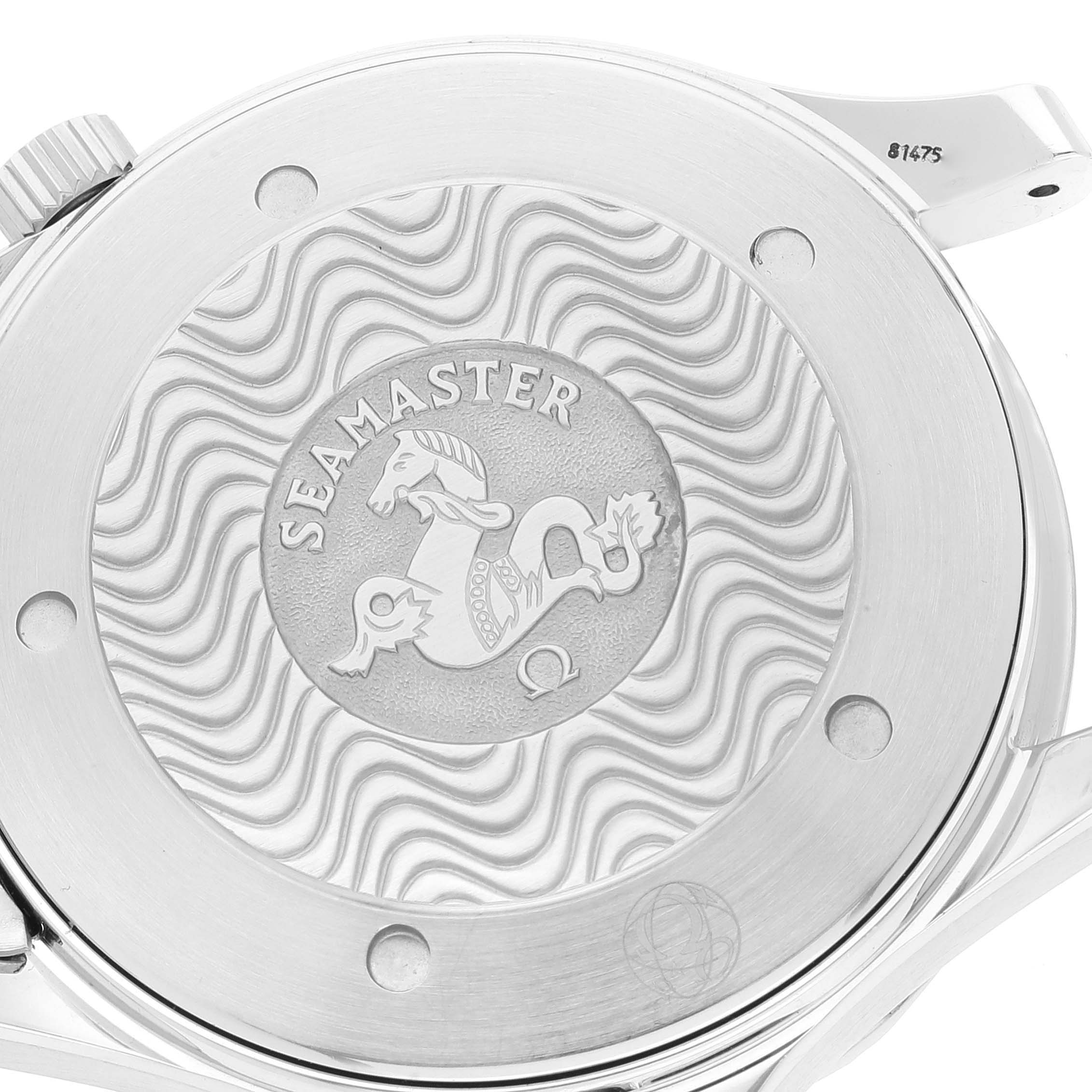 The image shows the case back of an Omega Seamaster 2254.50.00 Men's Stainless Steel Black Dial 2254.50.00 Men's Stainless Steel Black Dial watch, featuring its engraved design and branding.