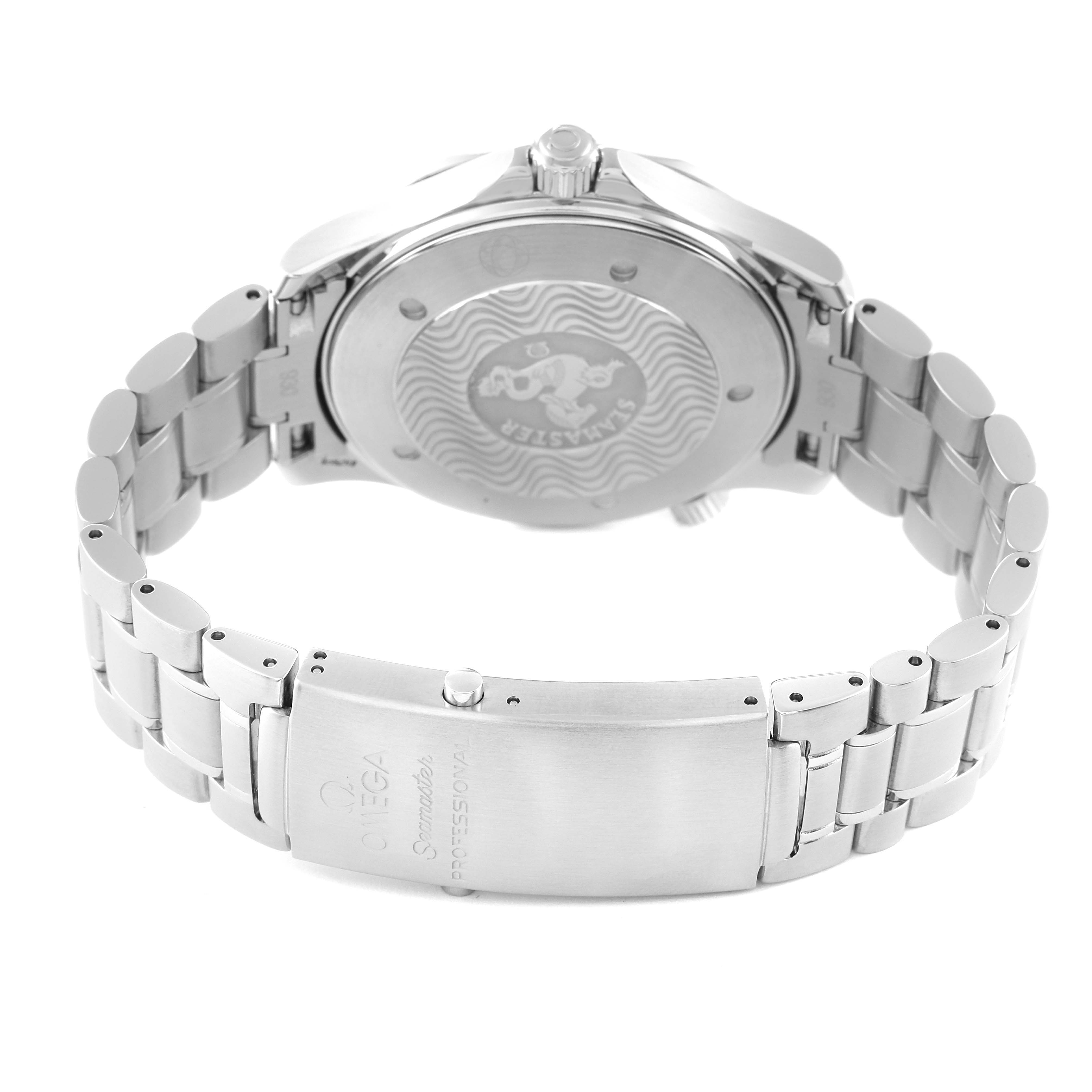 The image shows the back and clasp of the Omega Seamaster 2254.50.00 Men's Stainless Steel Black Dial 2254.50.00 Men's Stainless Steel Black Dial watch, highlighting the logo engraving and stainless steel bracelet.