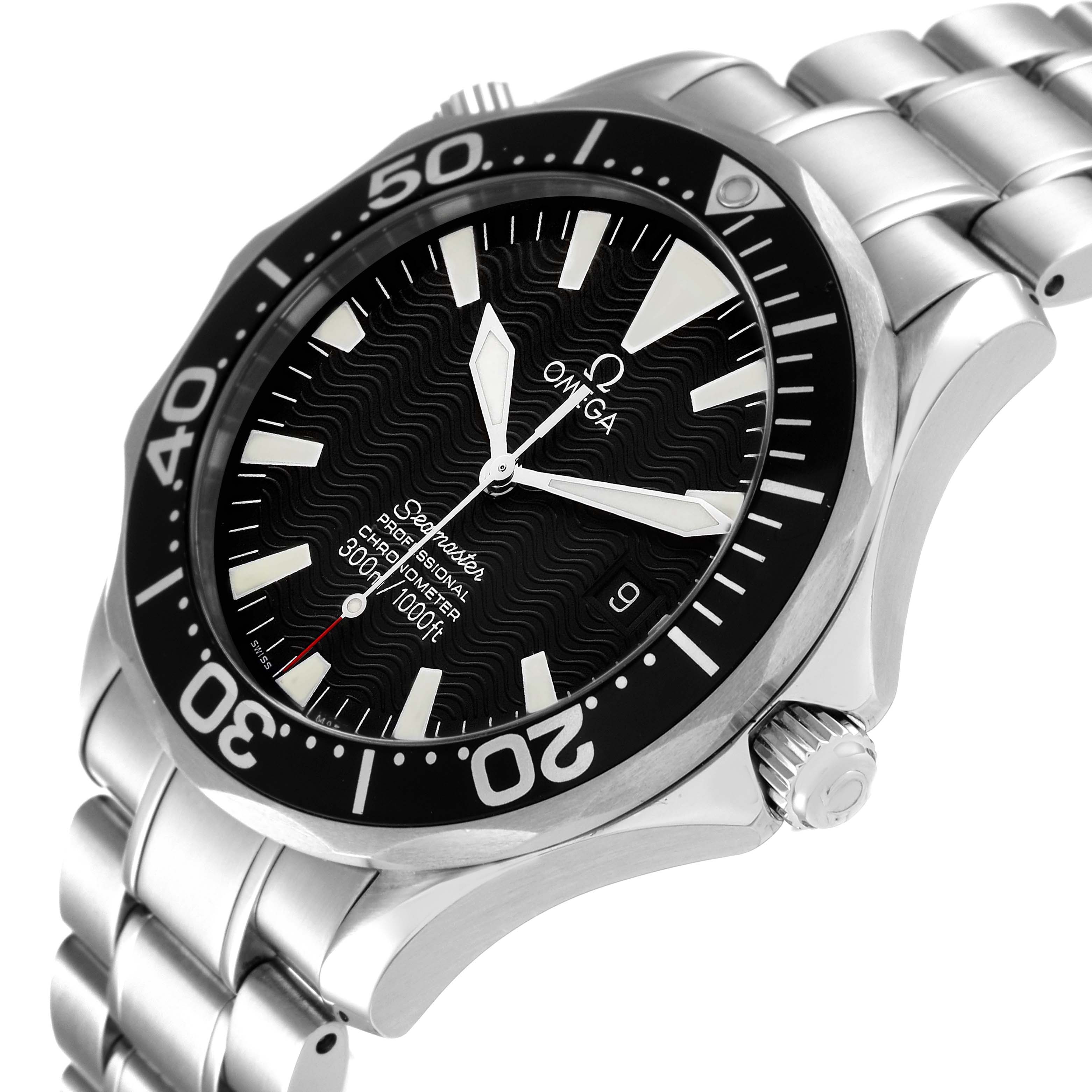 The image shows a close-up, angled view of the Omega Seamaster 2254.50.00 Men's Stainless Steel Black Dial 2254.50.00 Men's Stainless Steel Black Dial watch, highlighting its bezel, crown, dial, and bracelet.