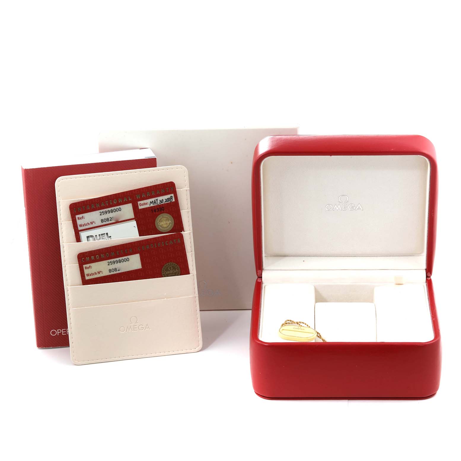 The image shows a red Omega Seamaster 2599.80.00 Men's Stainless Steel Blue Dial 2599.80.00 Men's Stainless Steel Blue Dial watch box, certificates in a holder, and an operation manual, viewed from the front.