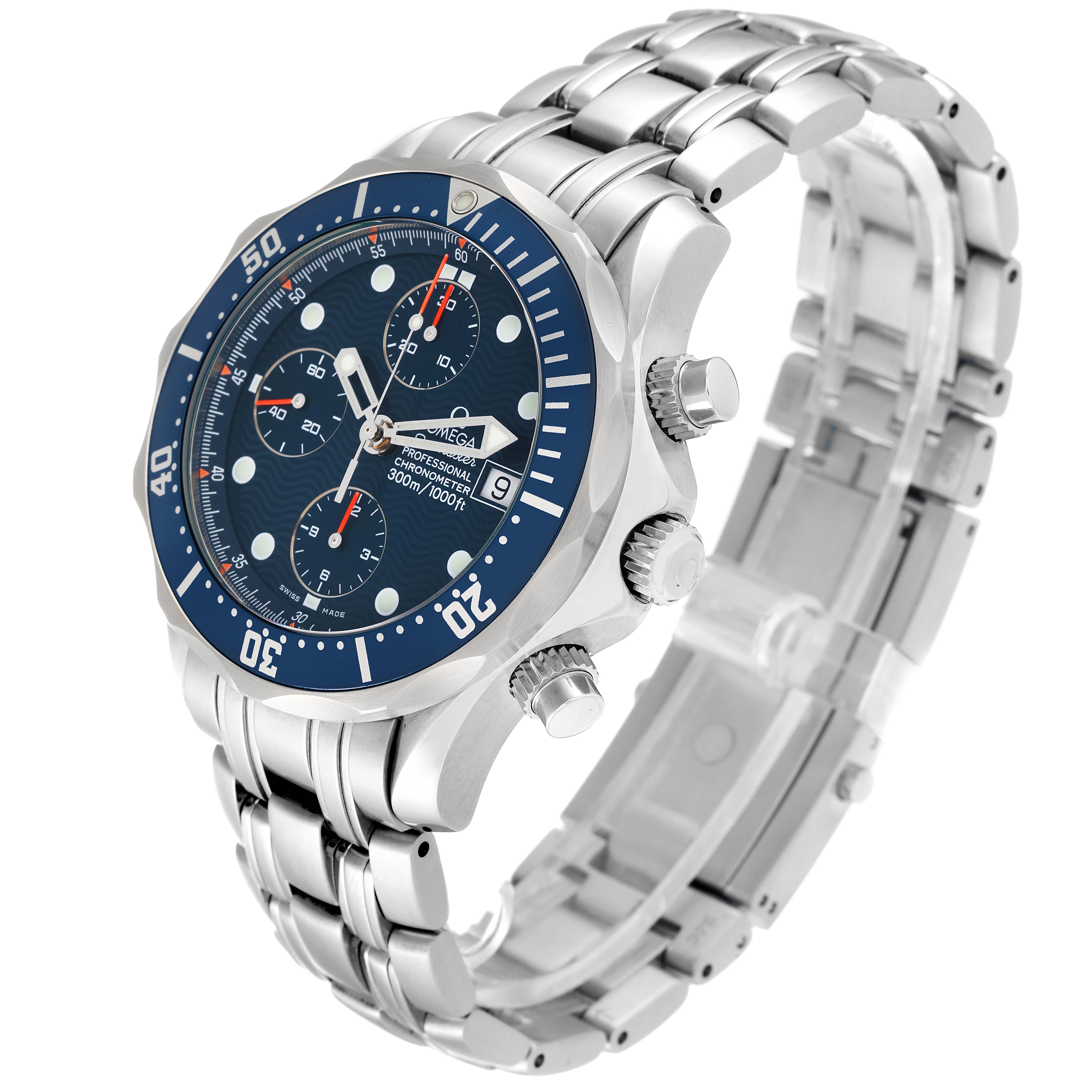The Omega Seamaster 2599.80.00 Men's Stainless Steel Blue Dial 2599.80.00 Men's Stainless Steel Blue Dial watch is shown at a 3/4 angle, highlighting the dial, bezel, crown, pushers, and stainless steel bracelet.