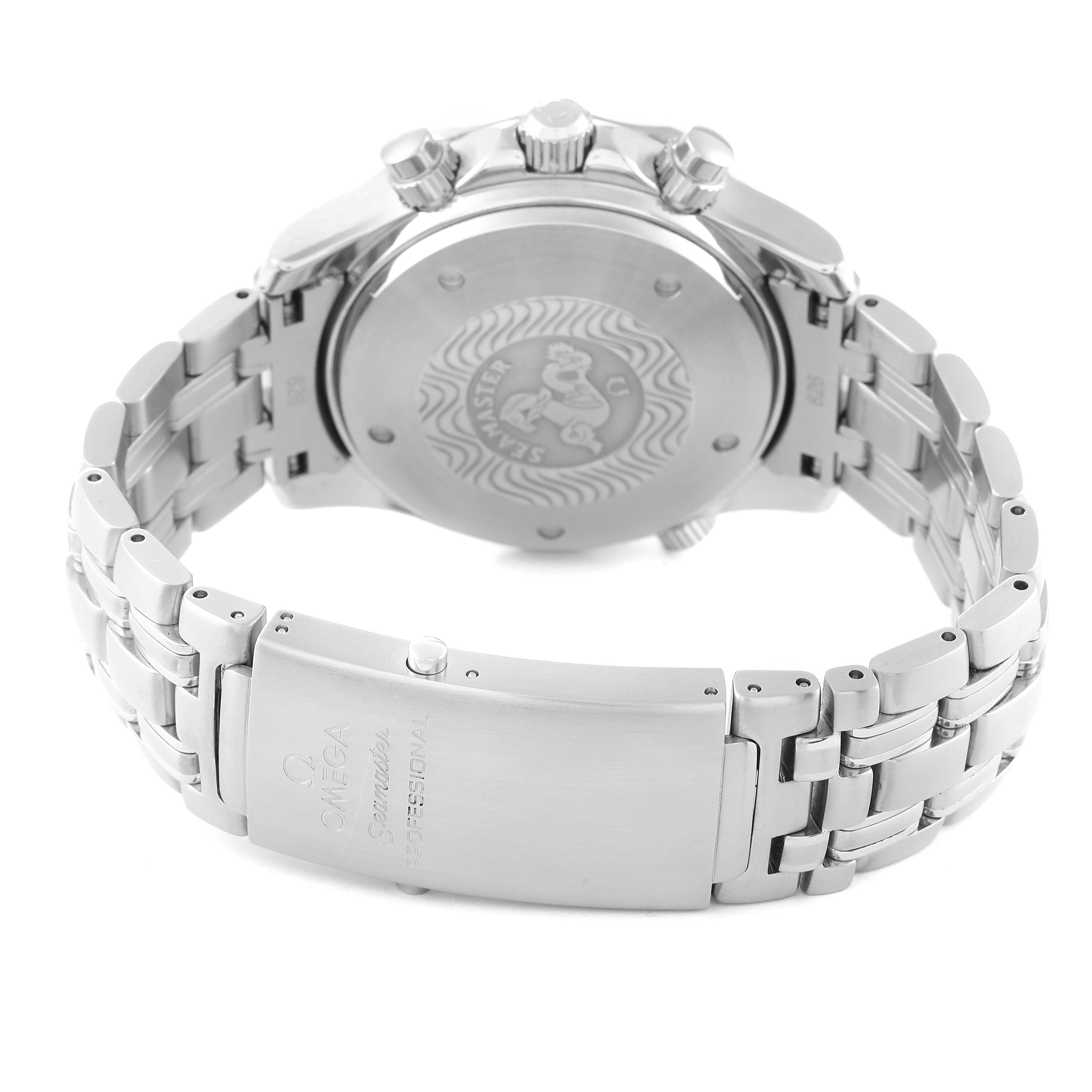 The image shows the back case and clasp of an Omega Seamaster 2599.80.00 Men's Stainless Steel Blue Dial 2599.80.00 Men's Stainless Steel Blue Dial watch, highlighting its bracelet and engraved logos.