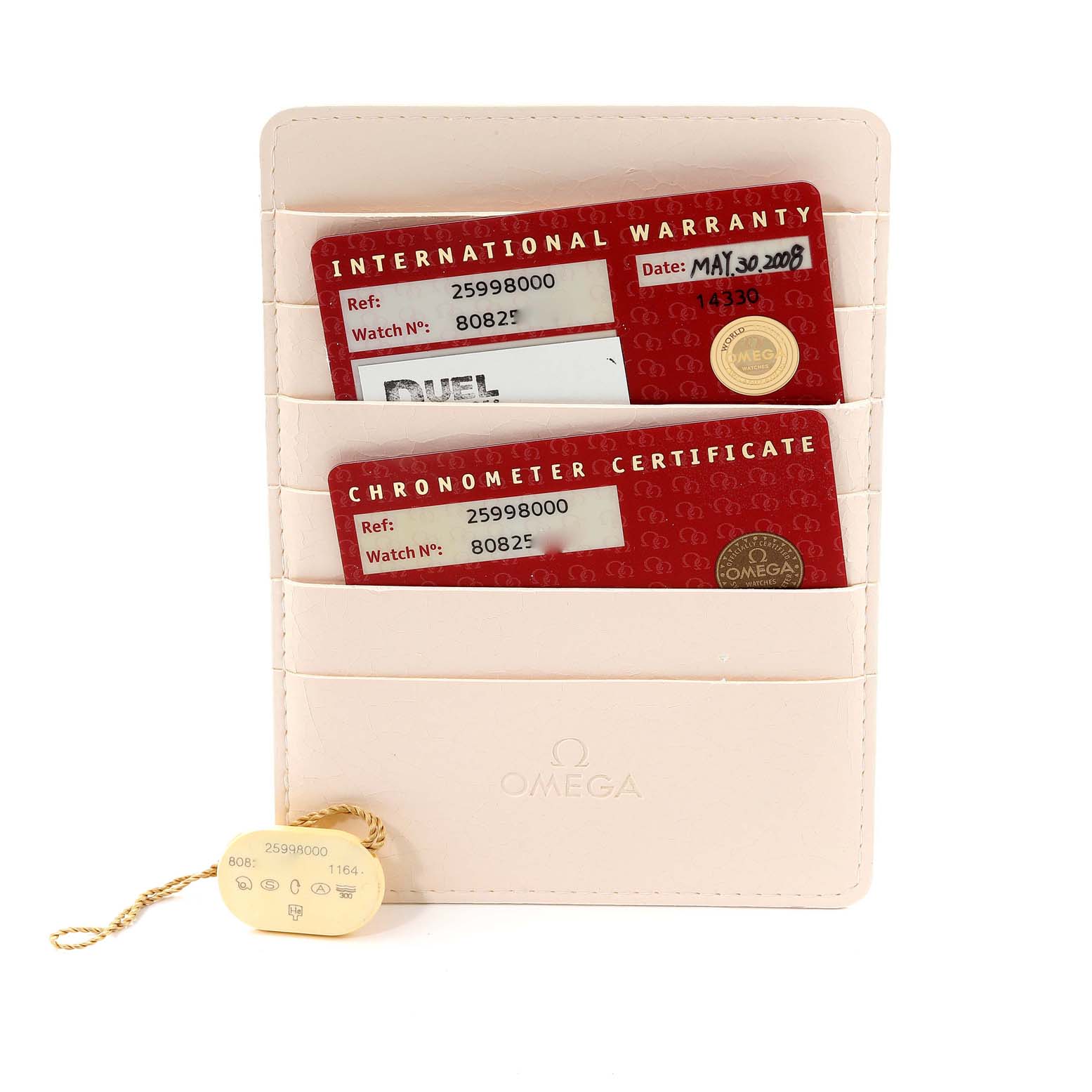 The image shows warranty and chronometer certificates and a tag for an Omega Seamaster 2599.80.00 Men's Stainless Steel Blue Dial 2599.80.00 Men's Stainless Steel Blue Dial watch.