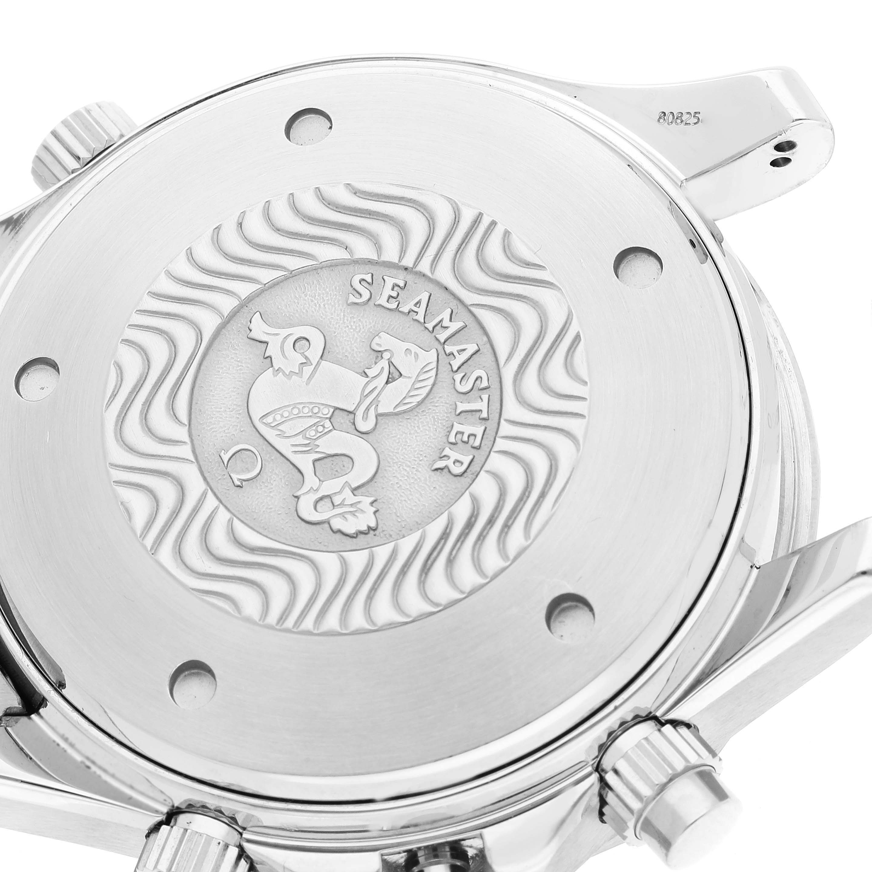 This image shows the back case of the Omega Seamaster 2599.80.00 Men's Stainless Steel Blue Dial 2599.80.00 Men's Stainless Steel Blue Dial watch, highlighting the engraved logo and case material.