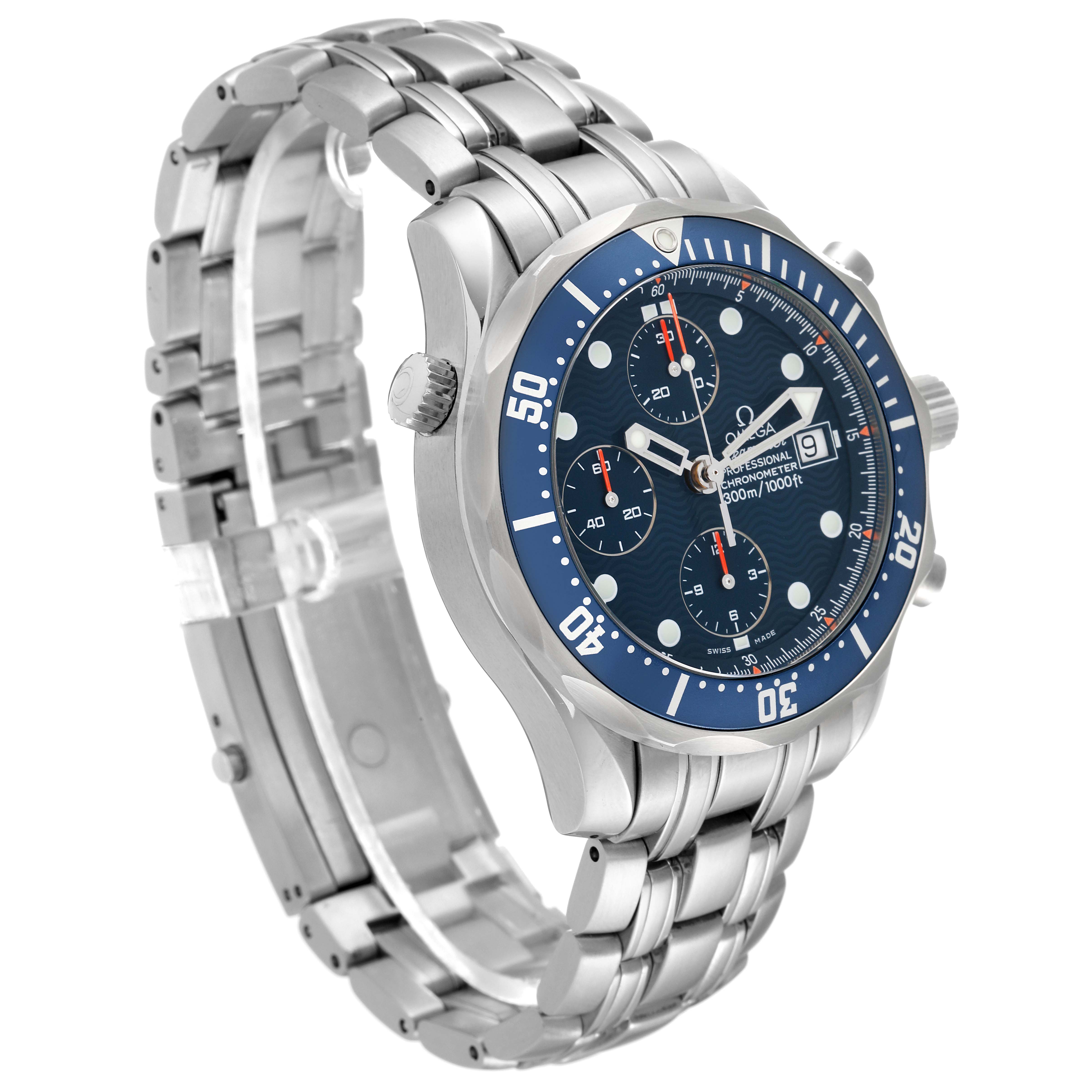 The image shows an angled side view of an Omega Seamaster 2599.80.00 Men's Stainless Steel Blue Dial 2599.80.00 Men's Stainless Steel Blue Dial watch, highlighting the watch face, bezel, crown, and metal bracelet.