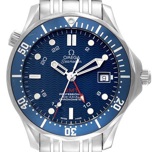 The image shows a frontal view of the Omega Seamaster watch, highlighting the face, bezel, and part of the bracelet.