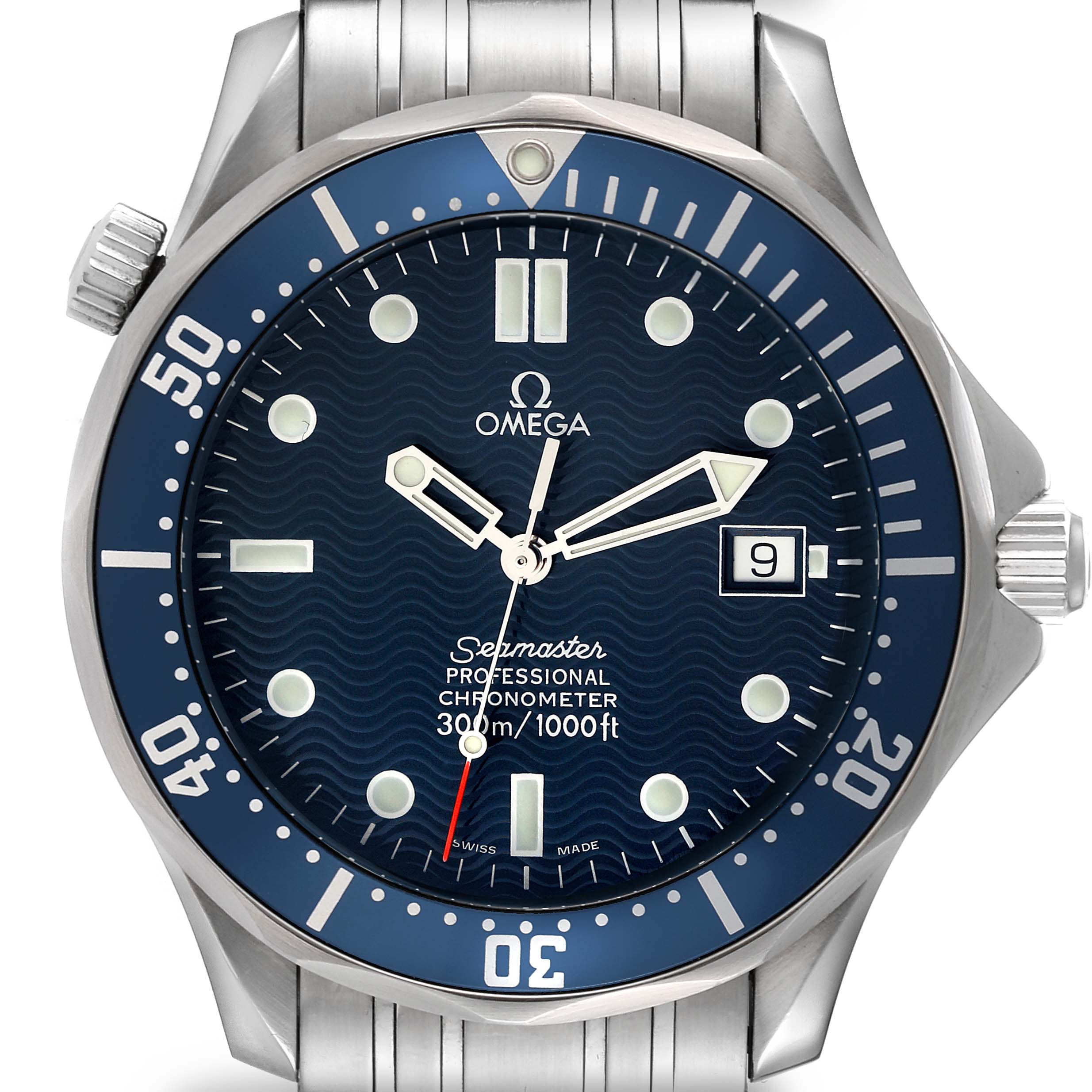 The image shows a front-facing view of an Omega Seamaster 2531.80.00 Men's Stainless Steel Blue Dial 2531.80.00 Men's Stainless Steel Blue Dial watch, displaying the dial, bezel, and part of the bracelet.