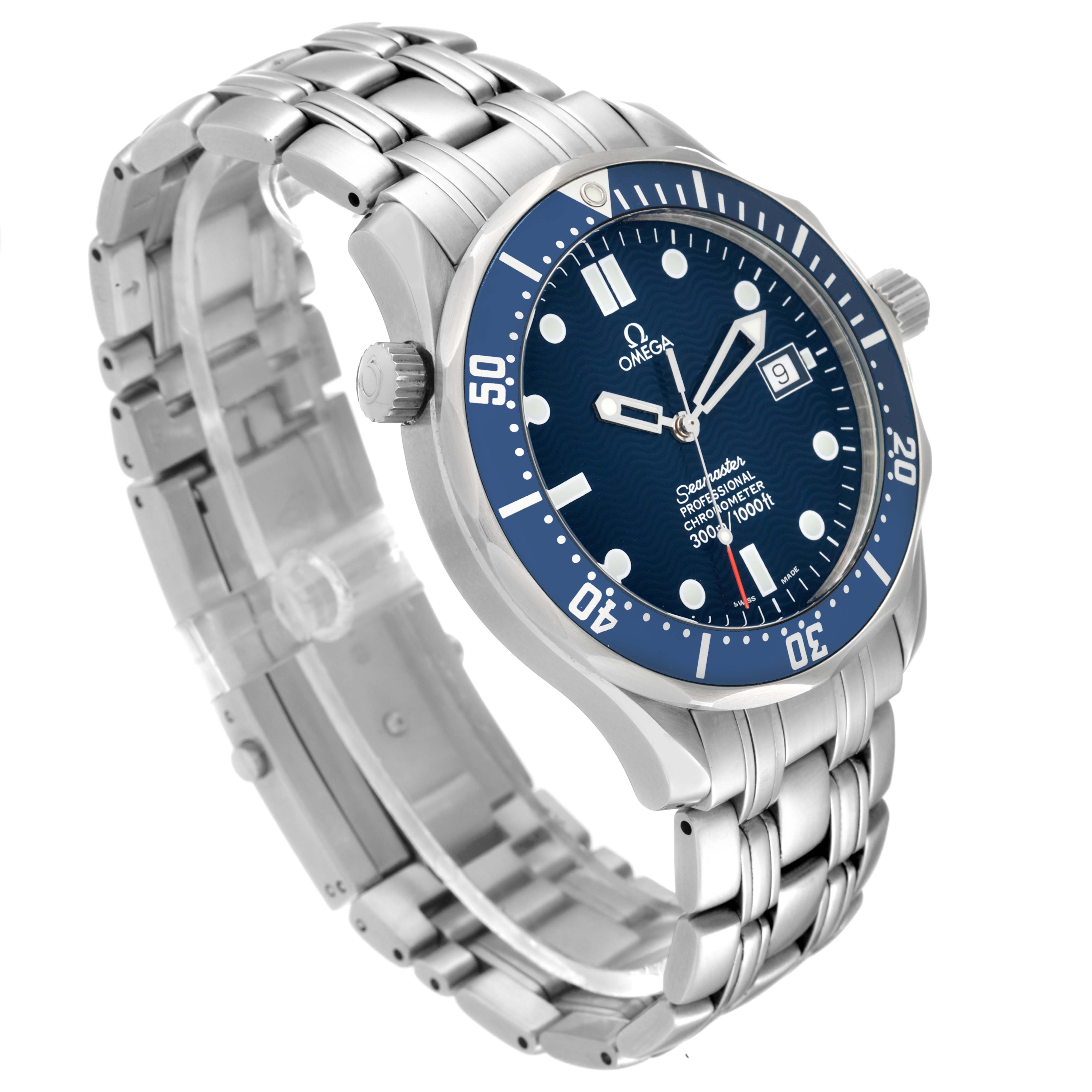 The image shows an Omega Seamaster 2531.80.00 Men's Stainless Steel Blue Dial 2531.80.00 Men's Stainless Steel Blue Dial watch from a front-left angle, highlighting its blue dial, bezel, and metal bracelet.