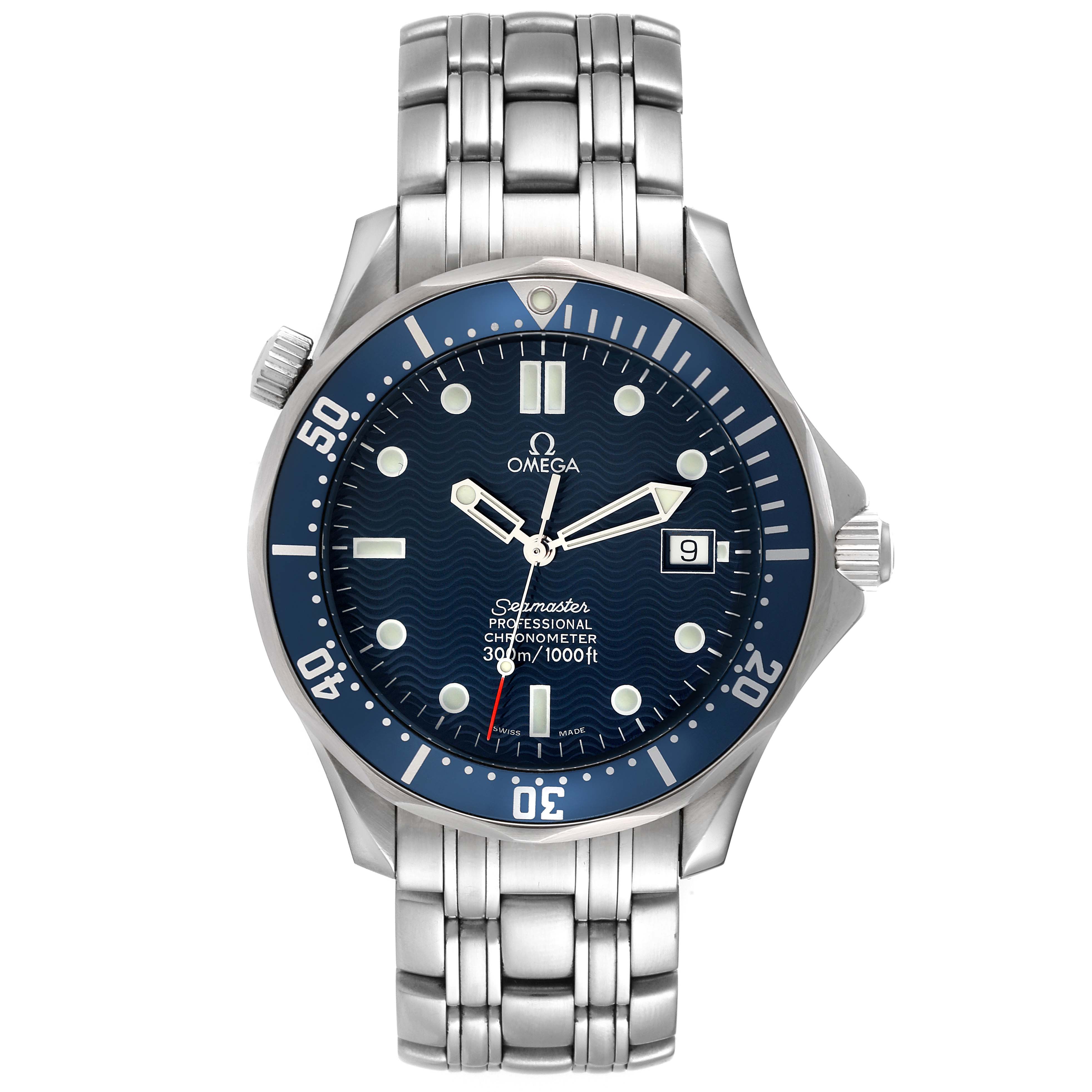 The image shows a front view of an Omega Seamaster 2531.80.00 Men's Stainless Steel Blue Dial 2531.80.00 Men's Stainless Steel Blue Dial watch, highlighting its dial, bezel, and stainless steel bracelet.