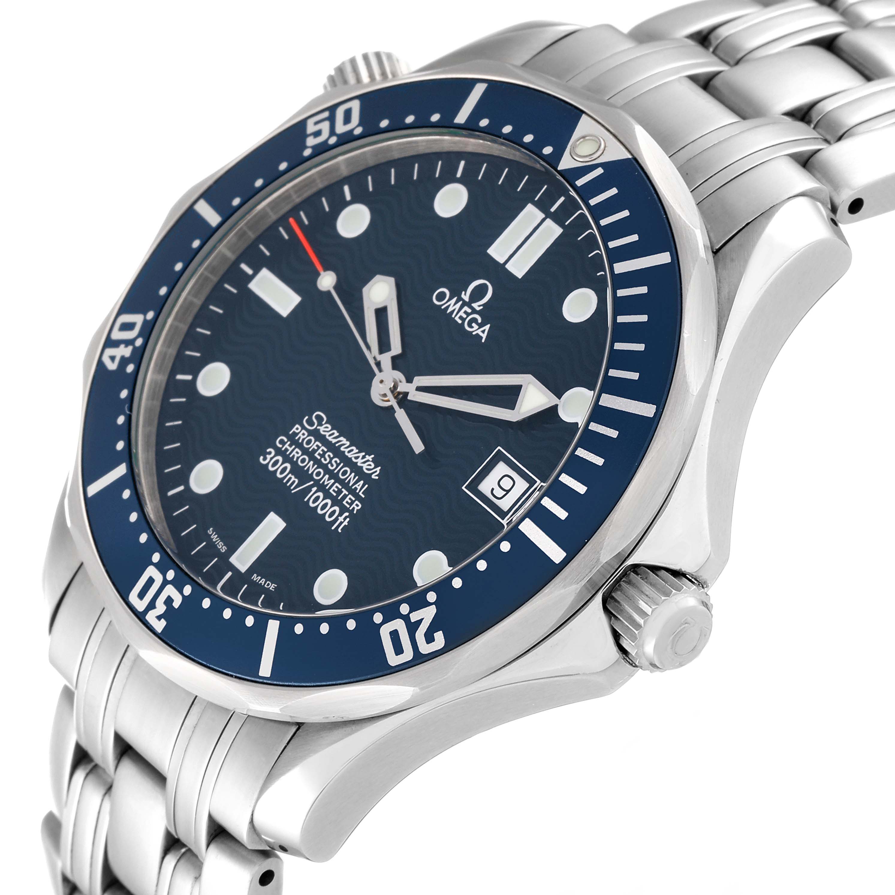 The image shows an Omega Seamaster 2531.80.00 Men's Stainless Steel Blue Dial 2531.80.00 Men's Stainless Steel Blue Dial watch from an angled side view, highlighting its bezel, dial, and bracelet.