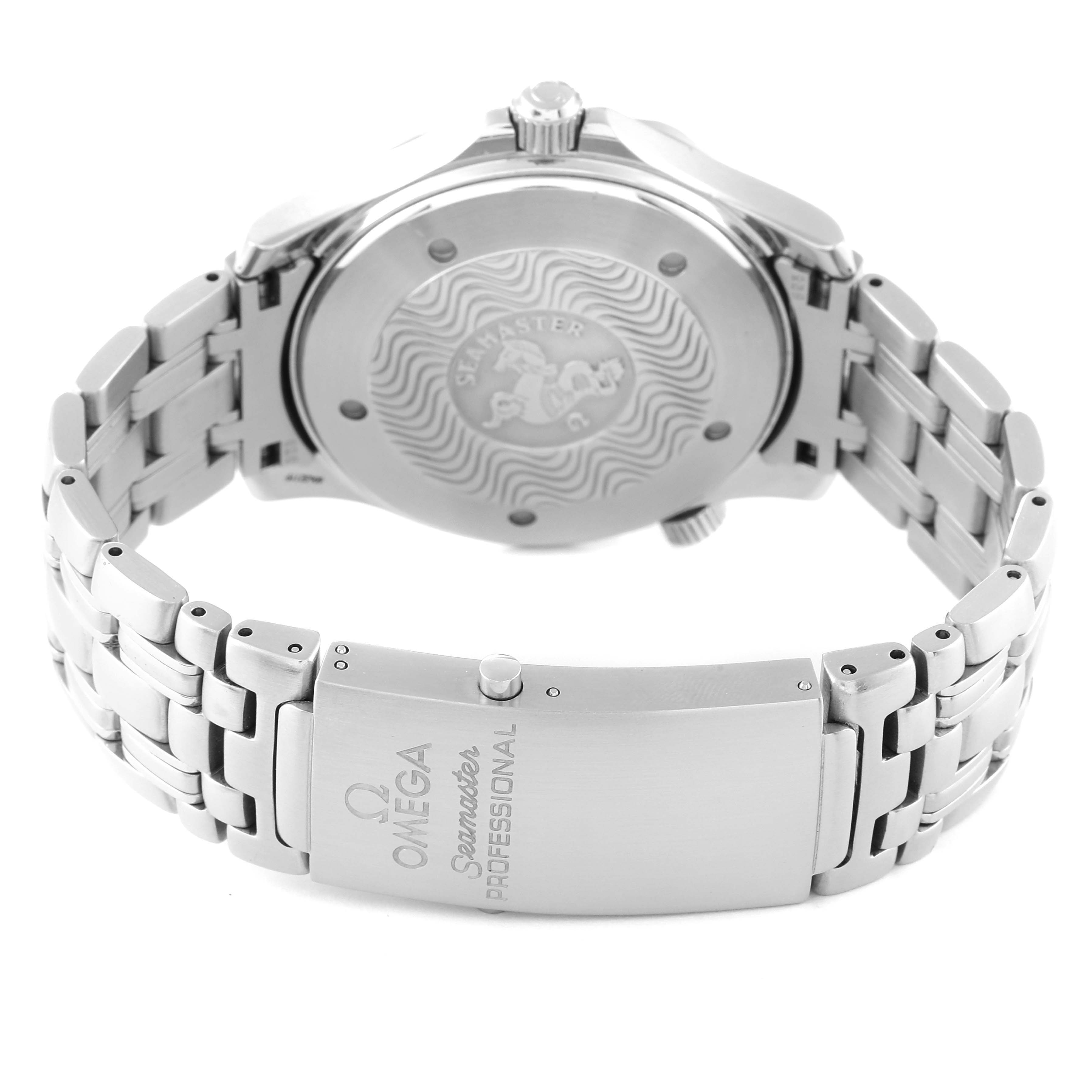 The image shows the back view of an Omega Seamaster 2531.80.00 Men's Stainless Steel Blue Dial 2531.80.00 Men's Stainless Steel Blue Dial watch, highlighting its case back and bracelet clasp.