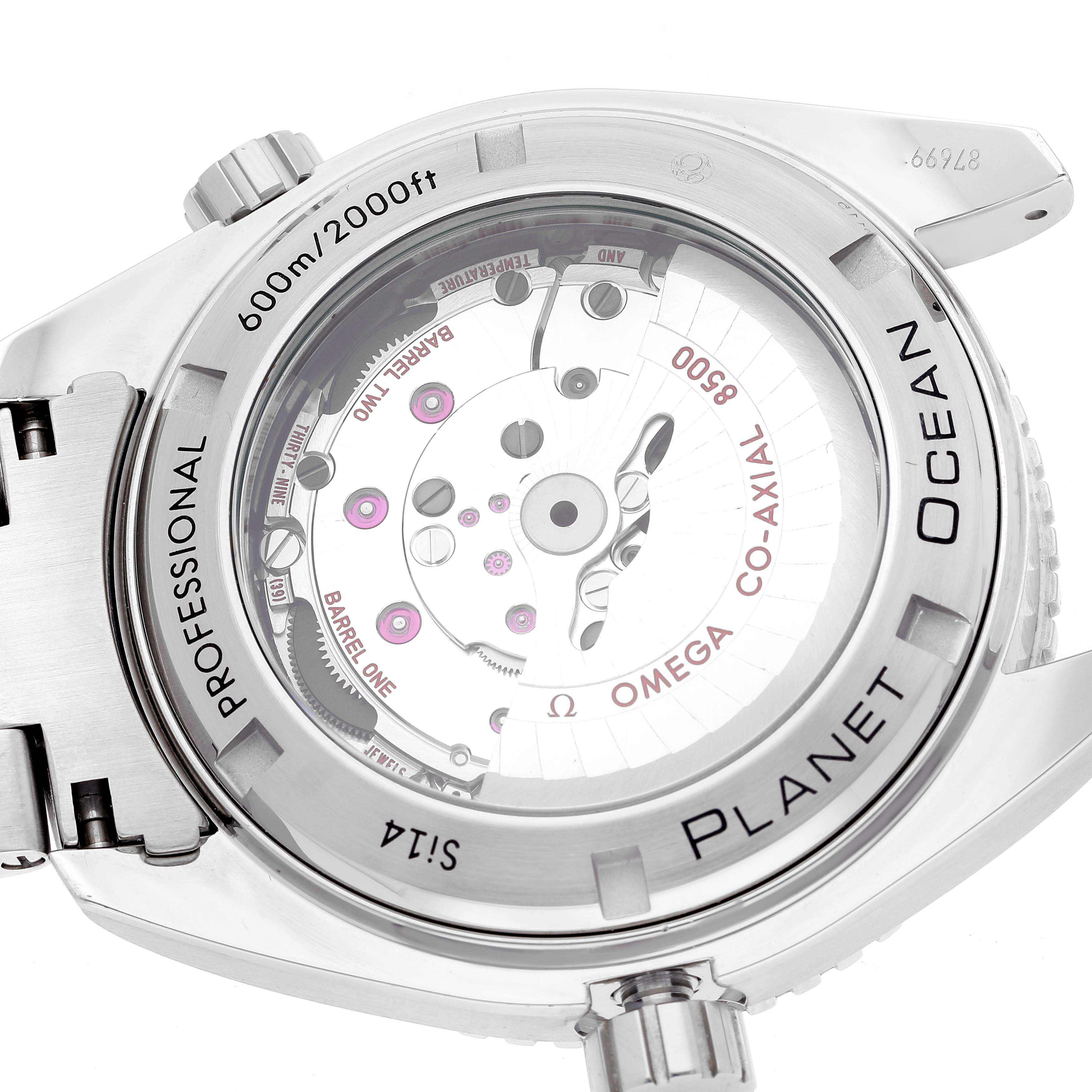 The image shows the back view of the Omega Planet Ocean 232.30.46.21.01.003 Men
s Stainless Steel Black Dial 232.30.46.21.01.003 Men
s Stainless Steel Black Dial watch, highlighting the movement and inner mechanics.