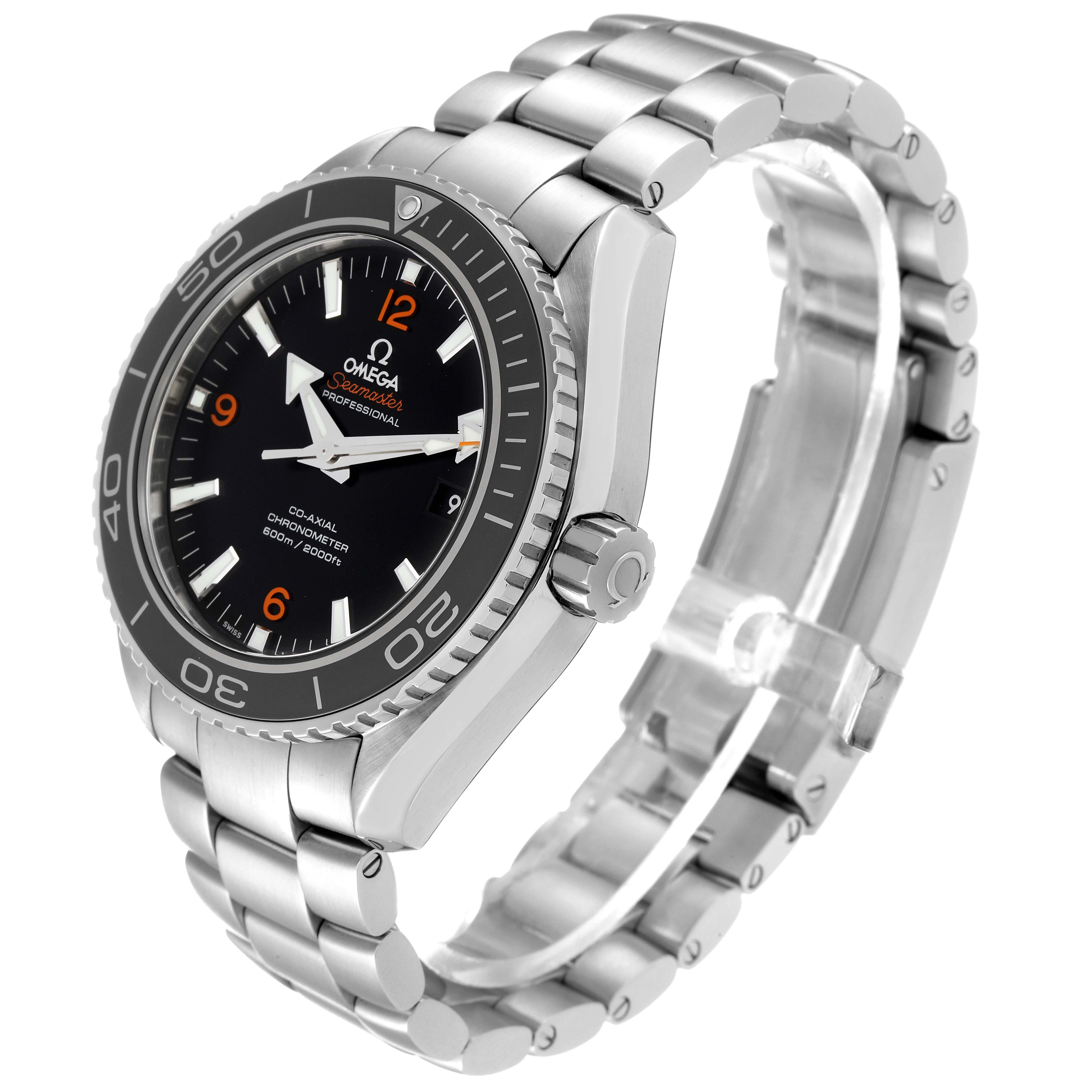 The Omega Planet Ocean 232.30.46.21.01.003 Men
s Stainless Steel Black Dial 232.30.46.21.01.003 Men
s Stainless Steel Black Dial watch is shown from a front-left angle, highlighting its dial, bezel, crown, and bracelet.