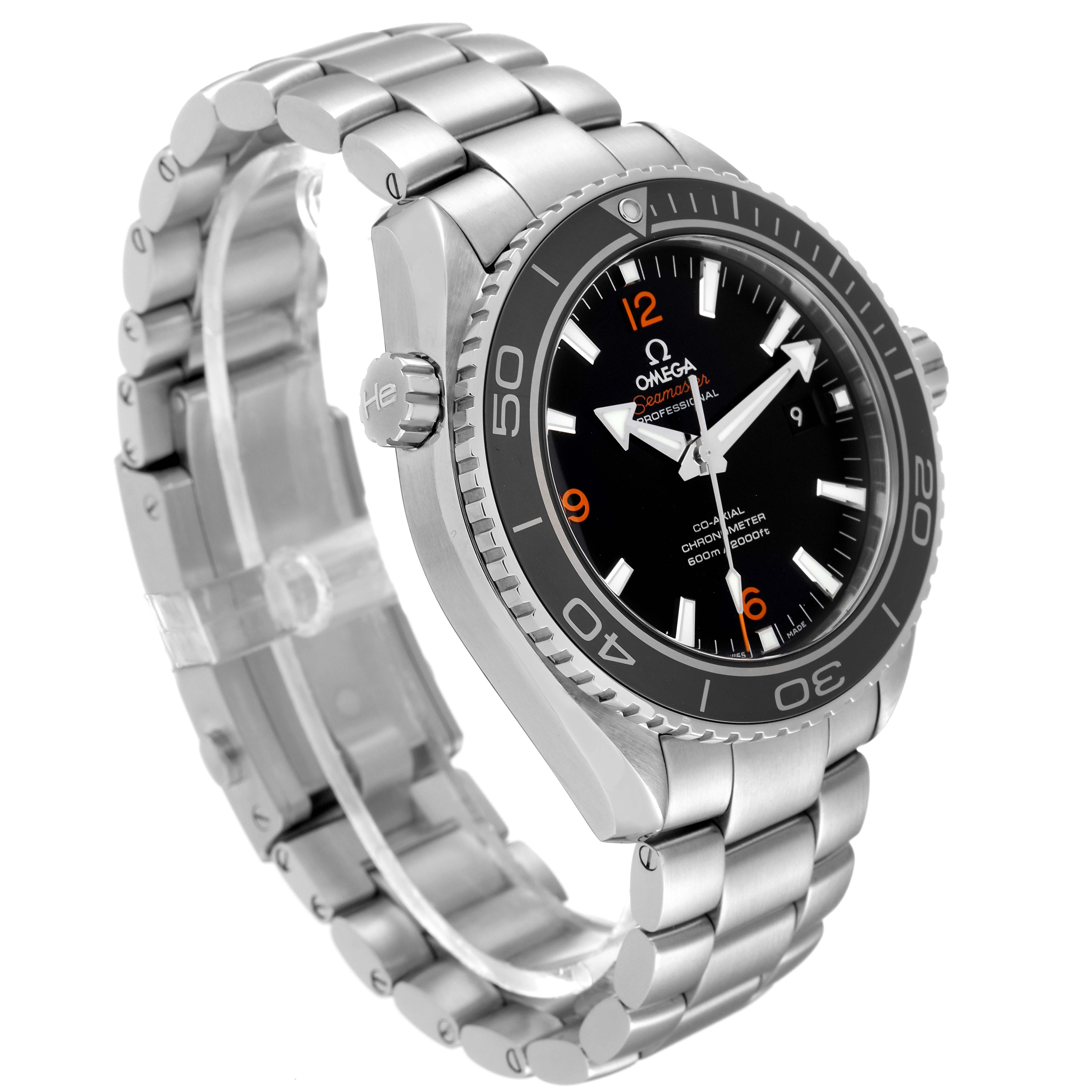 The image shows an Omega Planet Ocean 232.30.46.21.01.003 Men
s Stainless Steel Black Dial 232.30.46.21.01.003 Men
s Stainless Steel Black Dial watch from a three-quarter angle, highlighting its bezel, dial, and stainless steel band.