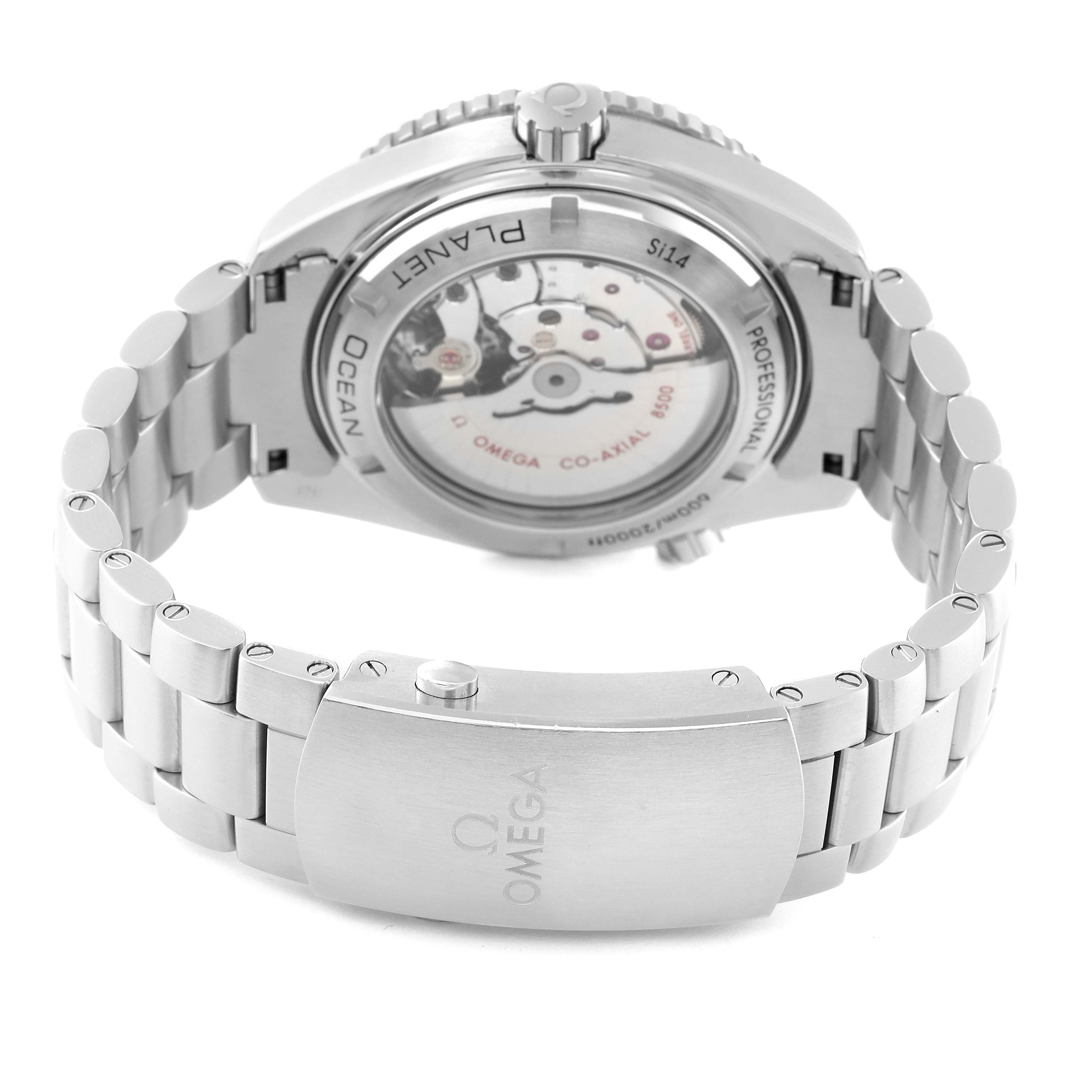 This image shows the back view of an Omega Planet Ocean 232.30.46.21.01.003 Men
s Stainless Steel Black Dial 232.30.46.21.01.003 Men
s Stainless Steel Black Dial watch, highlighting the transparent case back and metal bracelet.