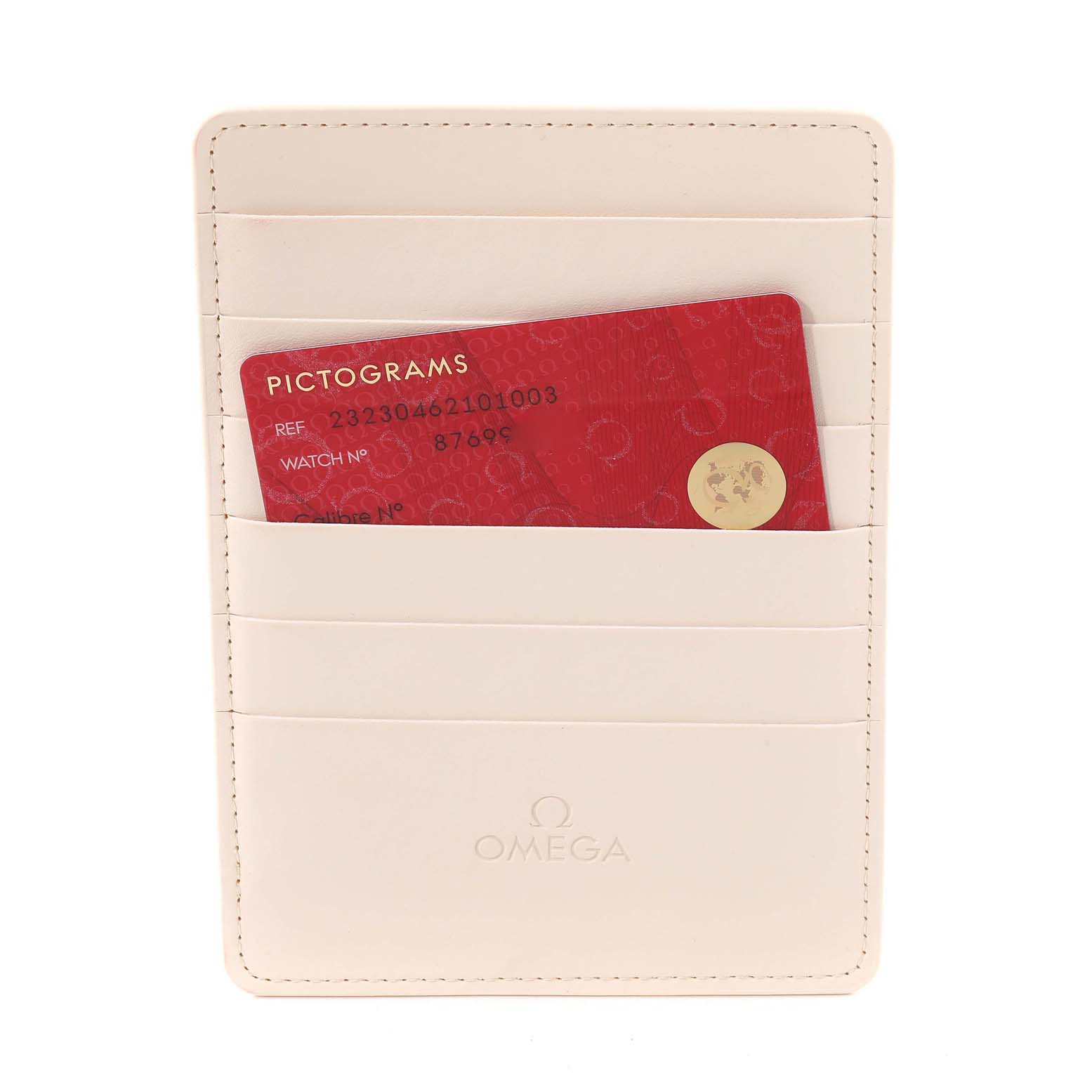 This image shows an Omega cardholder for the Planet Ocean model, featuring a red pictogram card.