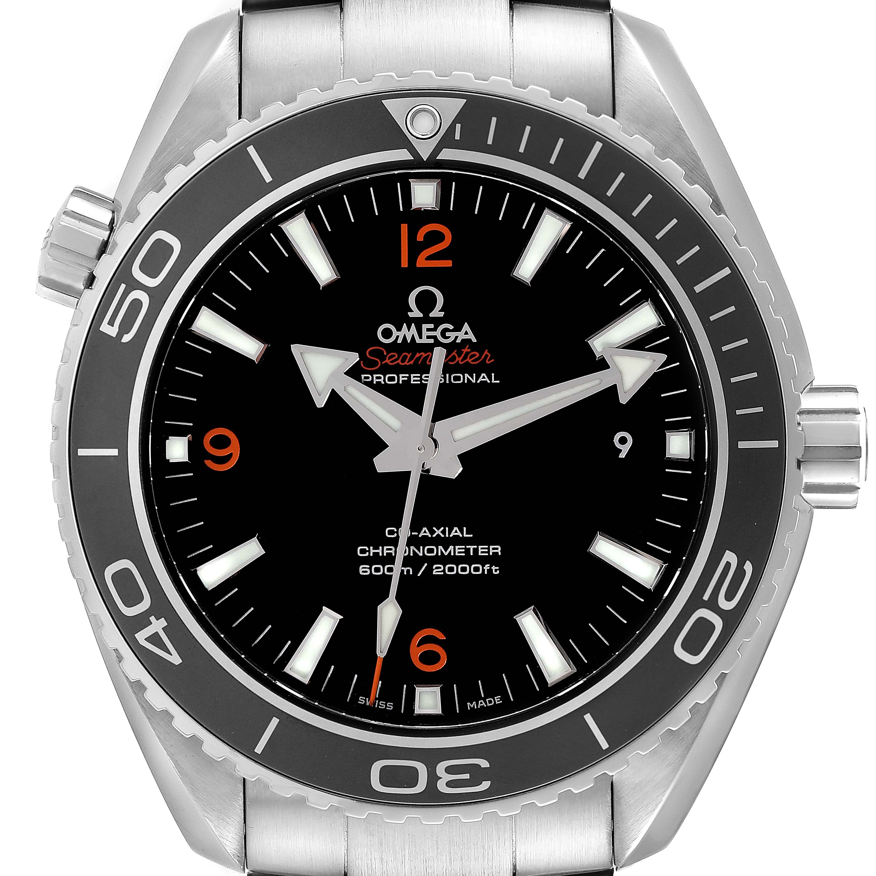 The image shows a front view of the Omega Planet Ocean 232.30.46.21.01.003 Men
s Stainless Steel Black Dial 232.30.46.21.01.003 Men
s Stainless Steel Black Dial Seamaster watch, highlighting its face, bezel, and part of the bracelet.