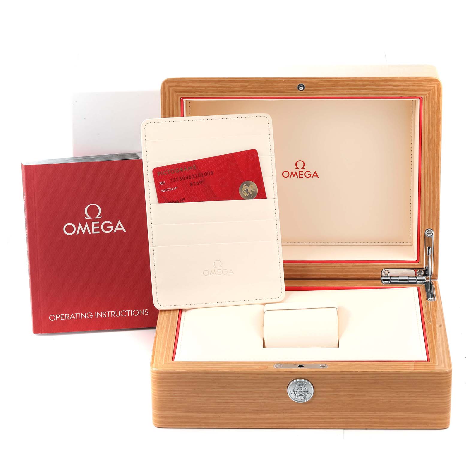 The image shows the packaging, Best Quality
ity card, and user manual for the Omega Planet Ocean 232.30.46.21.01.003 Men
s Stainless Steel Black Dial 232.30.46.21.01.003 Men
s Stainless Steel Black Dial model watch.