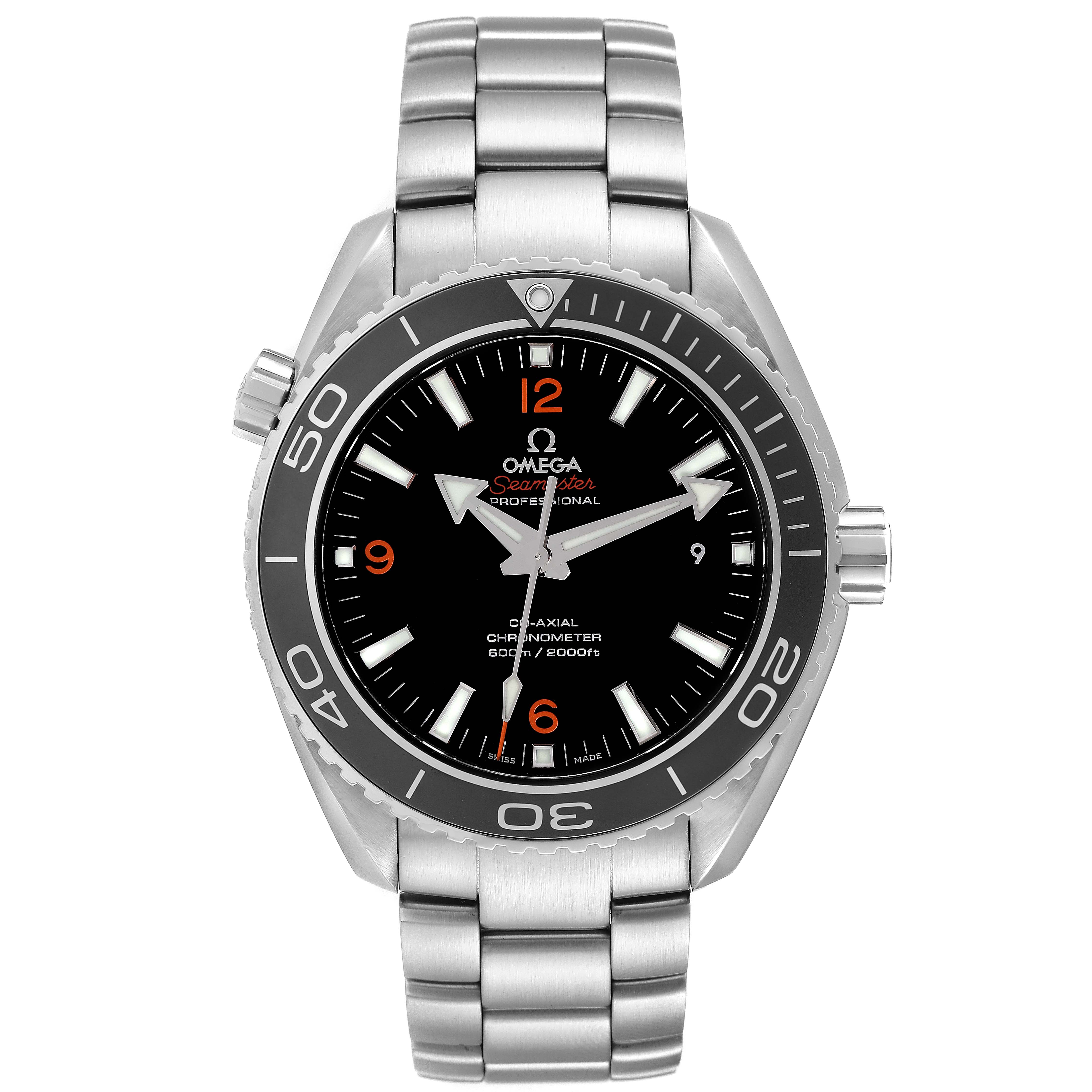 The image shows a front view of the Omega Planet Ocean 232.30.46.21.01.003 Men
s Stainless Steel Black Dial 232.30.46.21.01.003 Men
s Stainless Steel Black Dial watch, displaying its black dial, bezel, and stainless steel bracelet.
