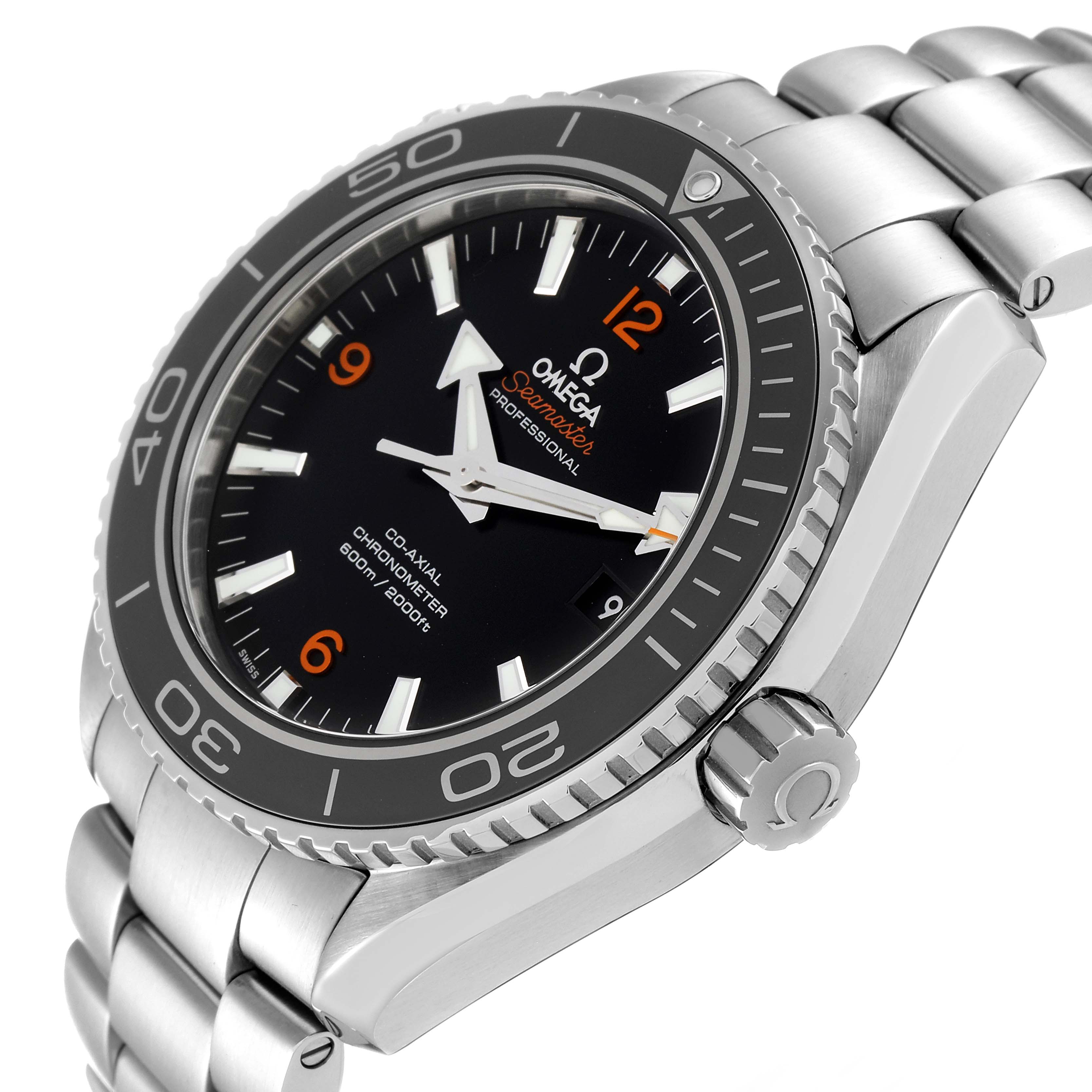 The Omega Planet Ocean 232.30.46.21.01.003 Men
s Stainless Steel Black Dial 232.30.46.21.01.003 Men
s Stainless Steel Black Dial watch is shown at an oblique angle, displaying the face, bezel, crown, and part of the bracelet.