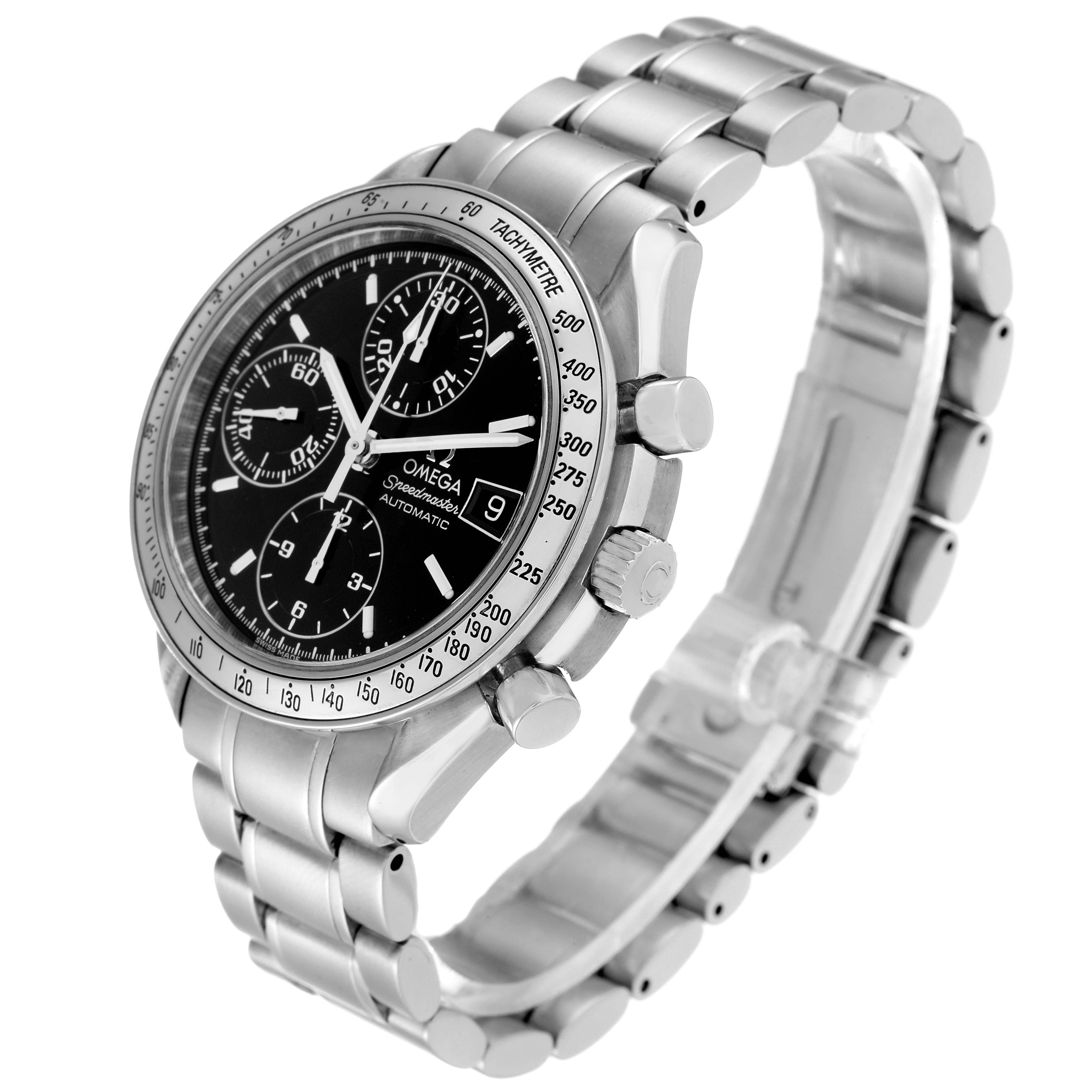 The Omega Speedmaster 3513.50.00 Men's Stainless Steel Black Dial 3513.50.00 Men's Stainless Steel Black Dial watch is shown at a 45-degree angle, revealing the face, chronograph dials, and stainless steel bracelet.