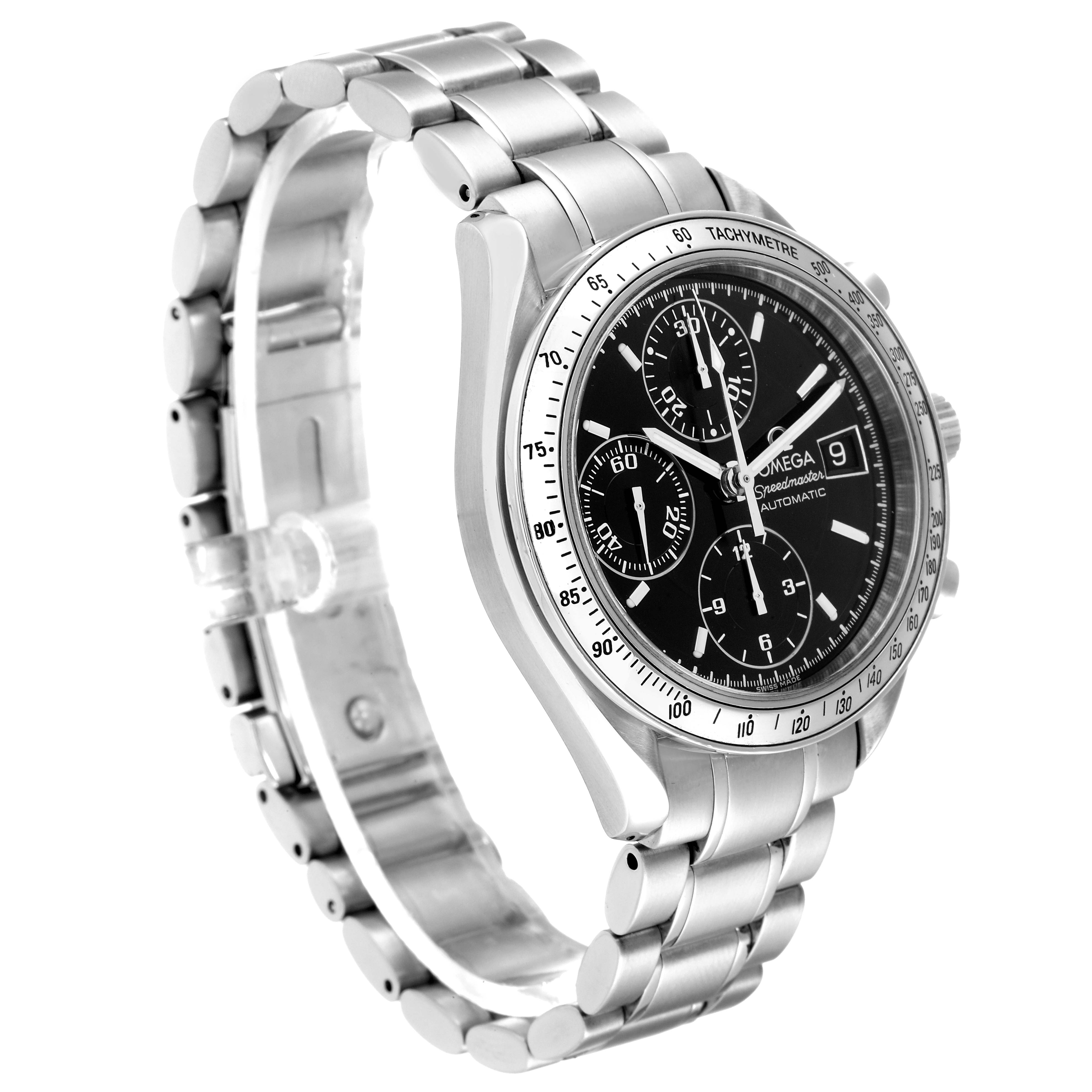 The image shows an Omega Speedmaster 3513.50.00 Men's Stainless Steel Black Dial 3513.50.00 Men's Stainless Steel Black Dial watch from an angled view, displaying the bracelet, case, dial, and tachymeter bezel.