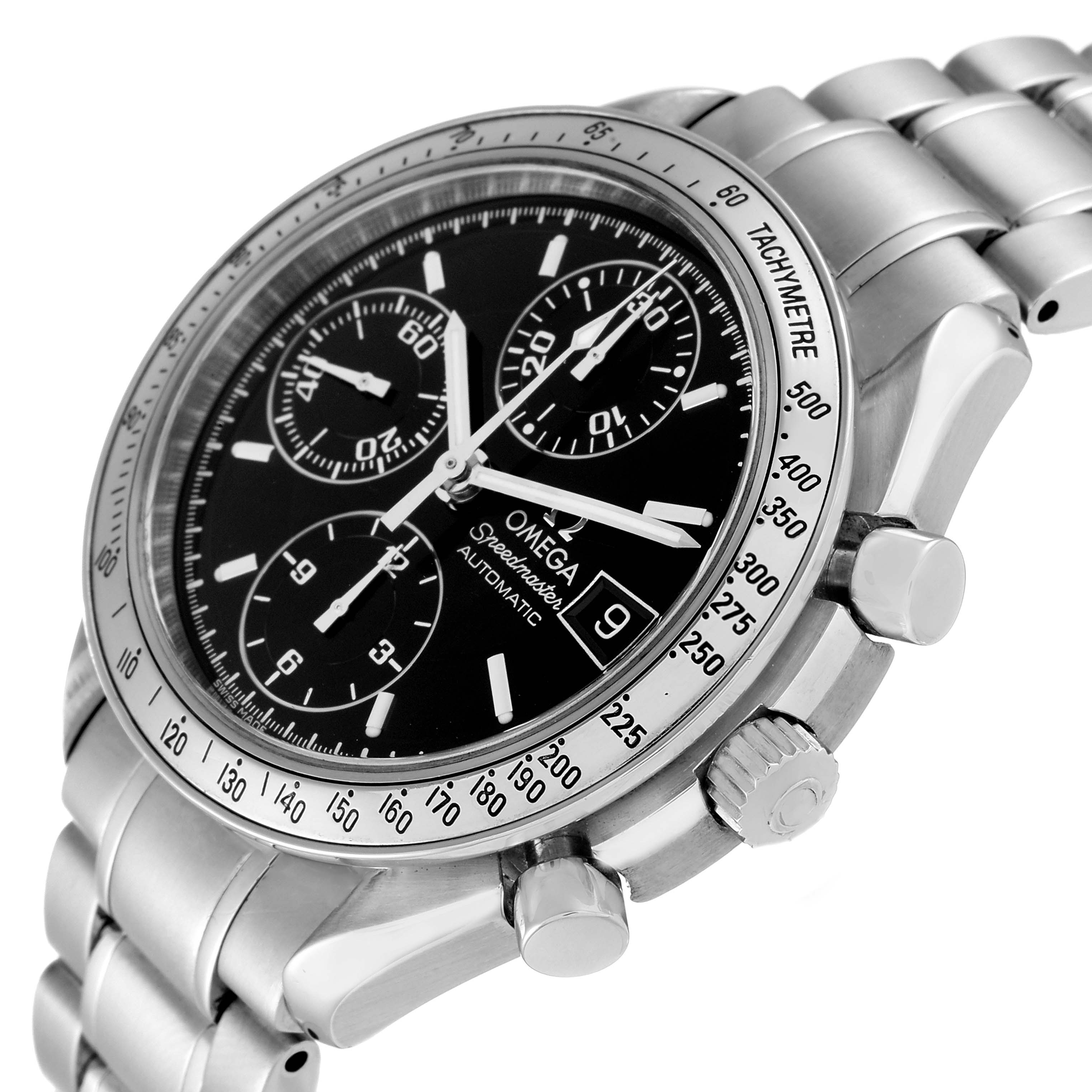 The Omega Speedmaster 3513.50.00 Men's Stainless Steel Black Dial 3513.50.00 Men's Stainless Steel Black Dial watch is shown at a three-quarter angle displaying the face, bezel, chronograph dials, and stainless steel bracelet.