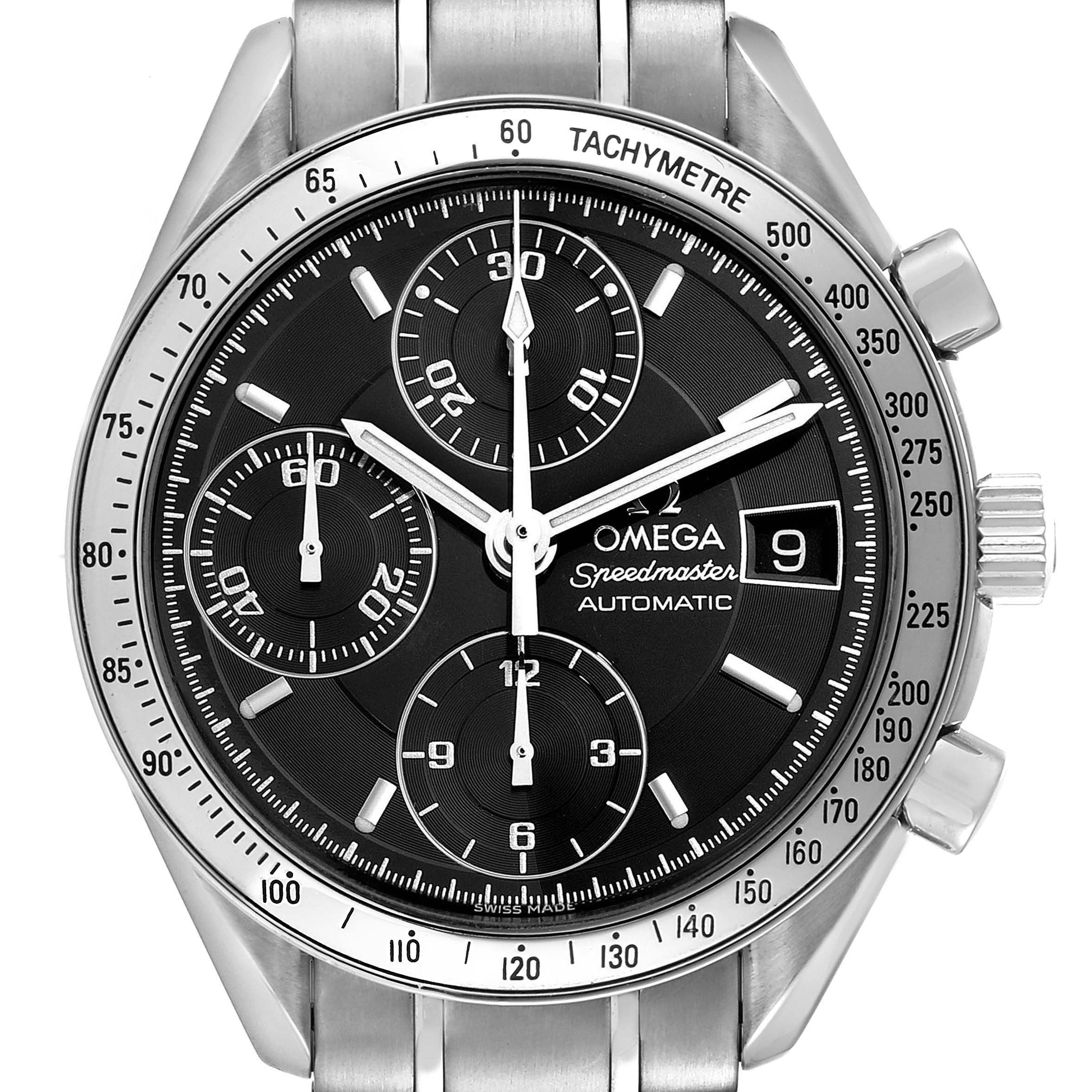 The image displays a close-up, front view of an Omega Speedmaster 3513.50.00 Men's Stainless Steel Black Dial 3513.50.00 Men's Stainless Steel Black Dial watch, showing its dial, sub-dials, tachymeter, and date window.
