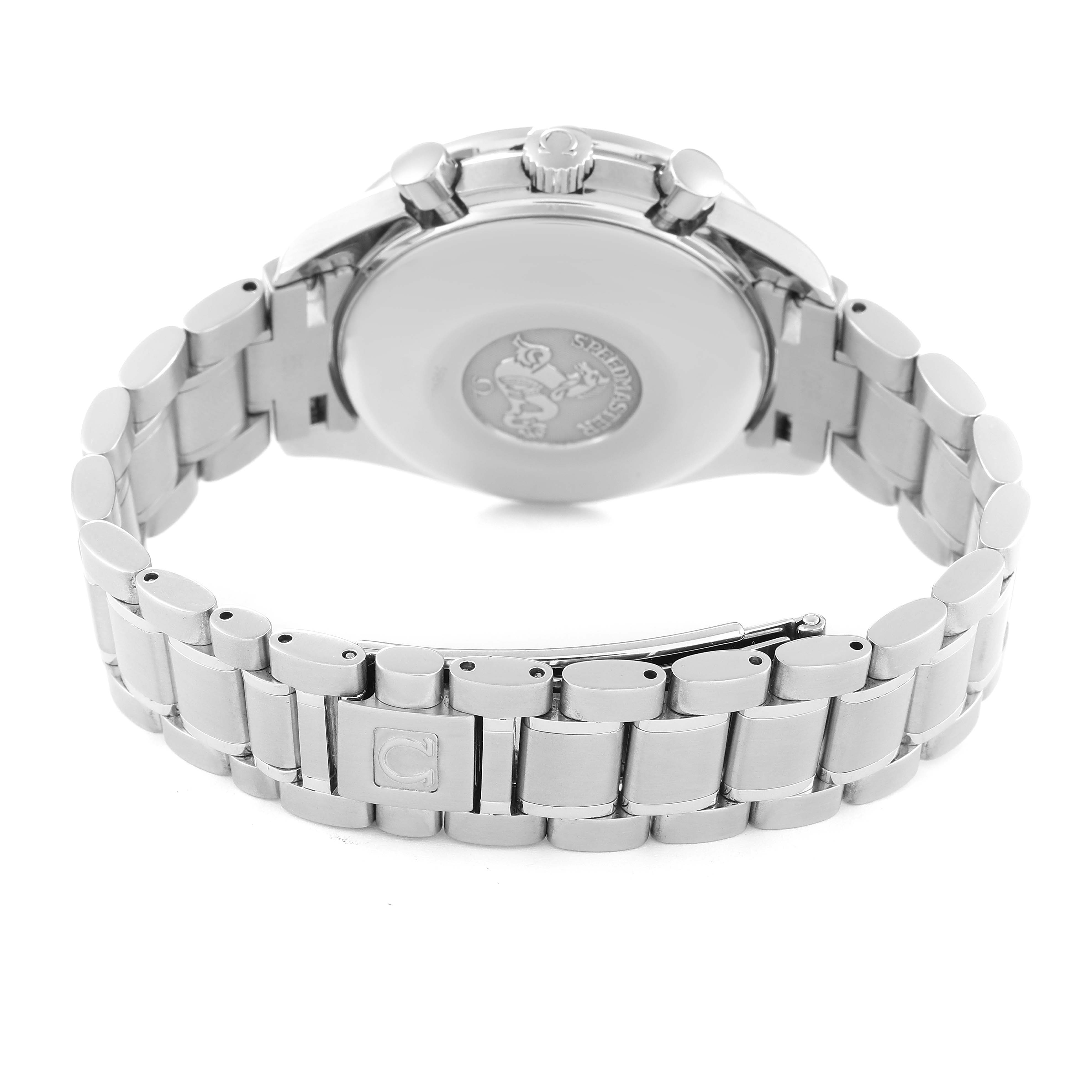The image shows the back and bracelet of an Omega Speedmaster 3513.50.00 Men's Stainless Steel Black Dial 3513.50.00 Men's Stainless Steel Black Dial watch at an angled view.